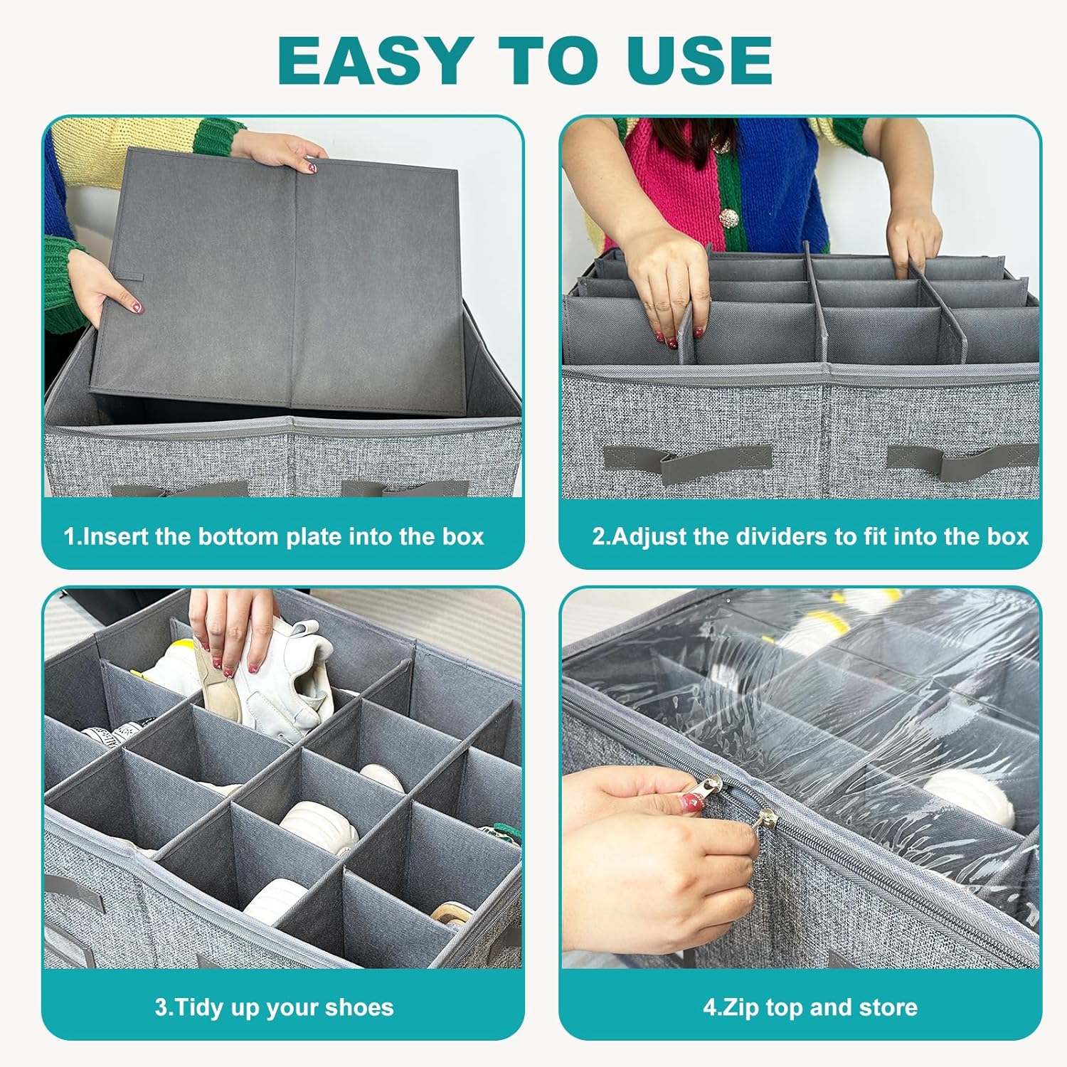 VERONLY Caja organizadora de zapatos grande para armario, contenedores de almacenamiento ajustables para zapatos, contenedores plegables para
