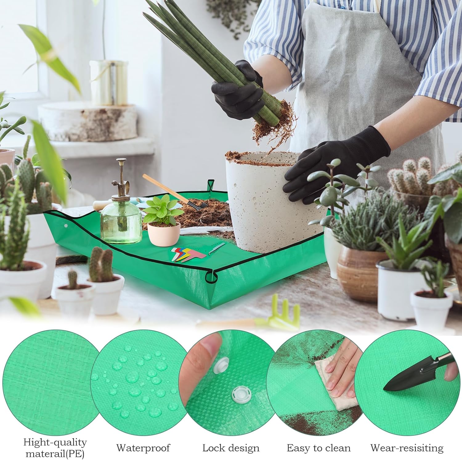 Tapete de trasplante para plantas de interior, tapete grande de 39 pulgadas y tapete de plantación pequeño de 26 pulgadas con accesorios para