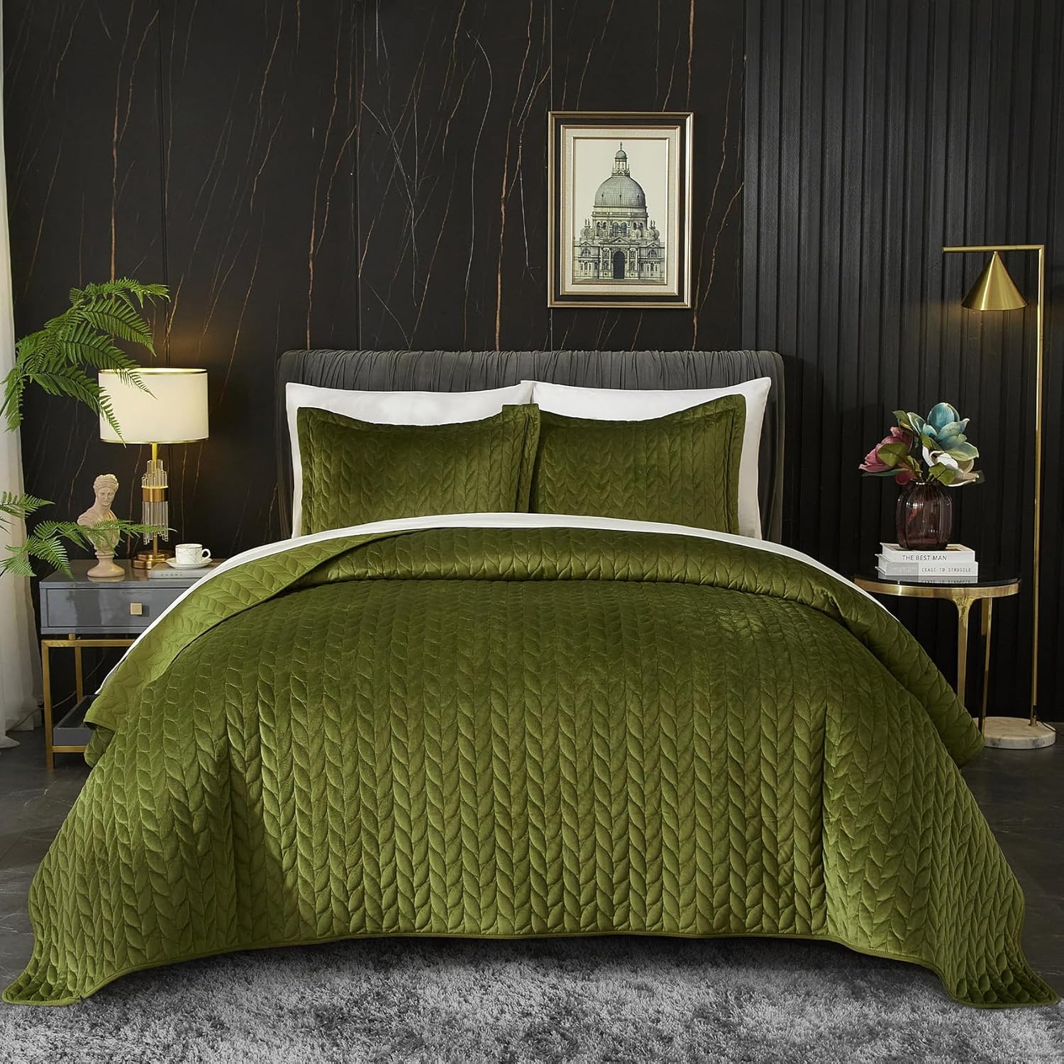 Ivellow Edredón de terciopelo tamaño King, colcha ligera verde, colcha reversible suave para todas las estaciones, edredón de terciopelo de lujo de
