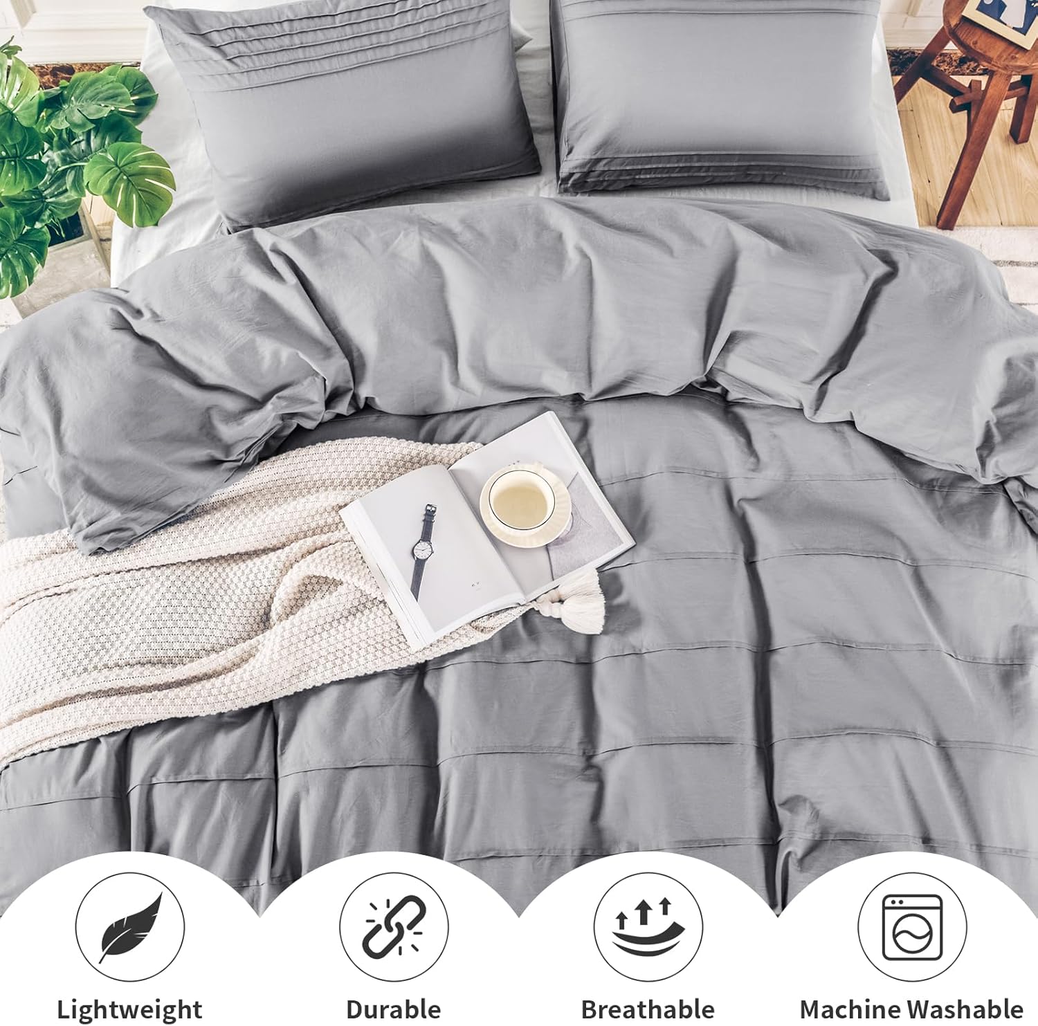 NEXHOME PRO Juego de funda de edredón 100% algodón orgánico, tamaño Queen, juego de funda de edredón plisada con textura de lino, color gris claro,
