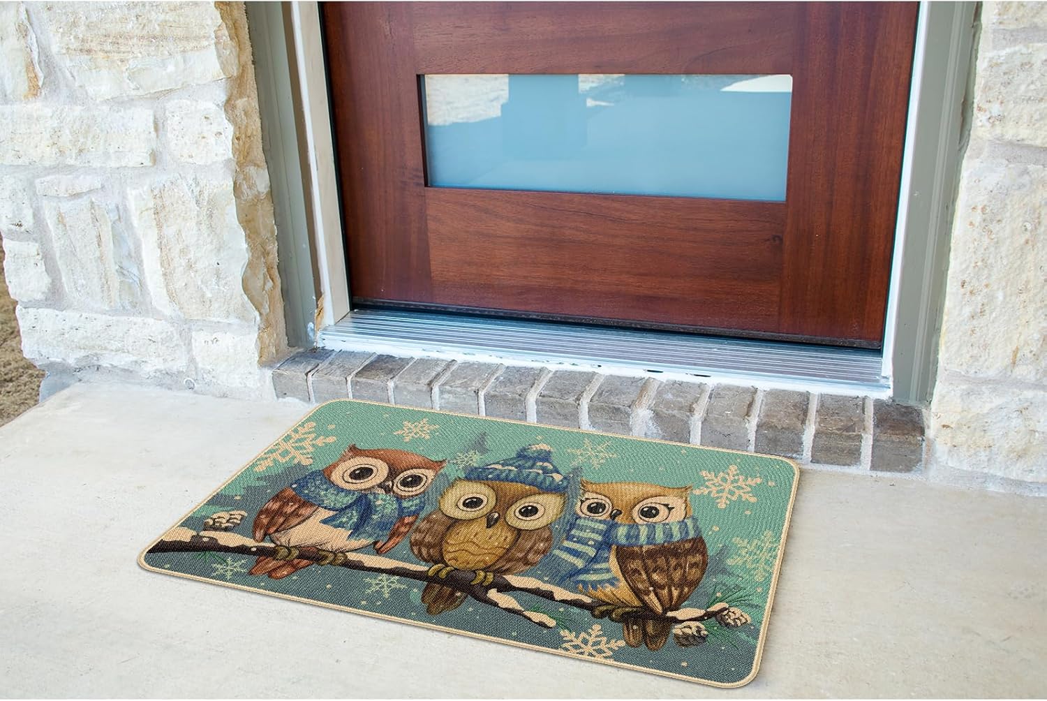 Tapete para puerta de invierno, antideslizante, con diseño de búho, para Navidad, invierno, copos de nieve, decoración del hogar, 29 x 17 pulgadas,