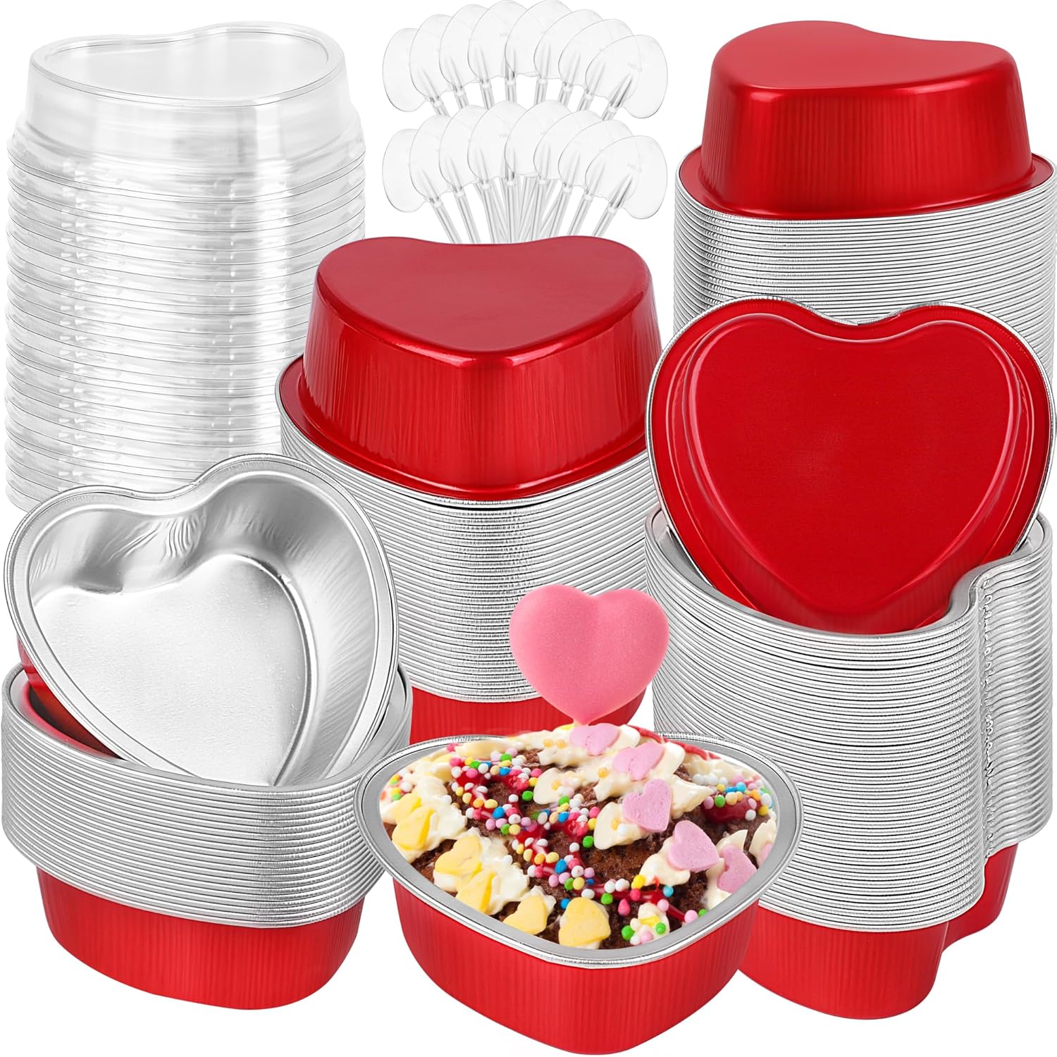 120 piezas de 3.4 onzas de 3.4 onzas en forma de corazón de San Valentín con tapas y cucharas, mini moldes de papel de aluminio para pasteles,