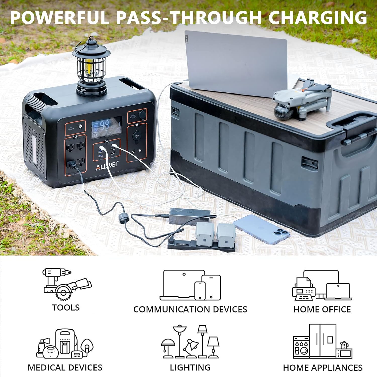 ALLWEI Estación de energía portátil de 1200 W (pico 2400 W), generador solar de 1132 Wh 306000 mAh con 4 salidas de CA de 120 V, 6 USB-C PD3.0 60 W,