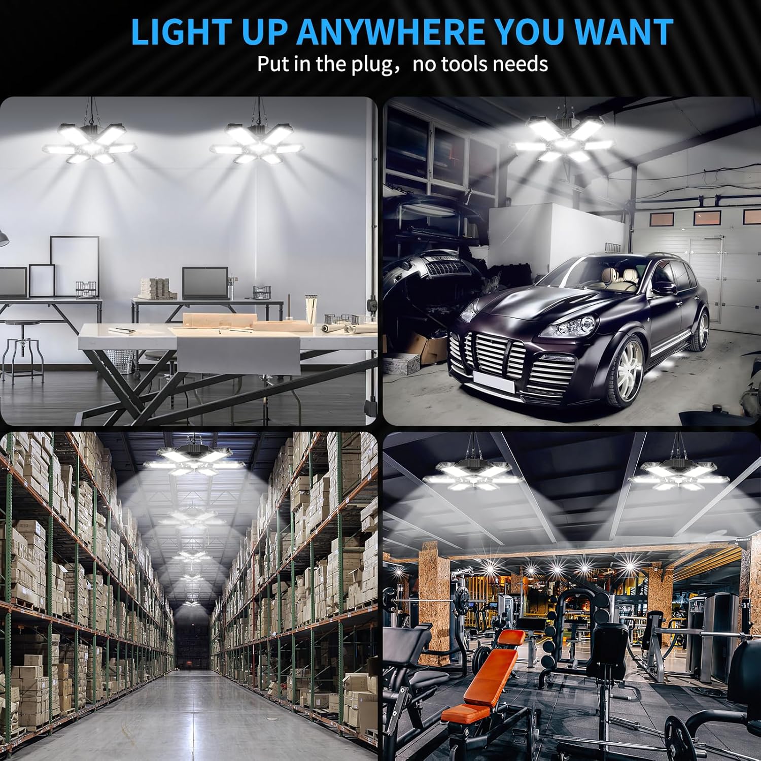 Paquete de 4 luces de garaje enchufables, 185 W, 18500 lúmenes, luz LED de tienda conectable, 6500 K, luces de techo LED con 6 paneles deformables