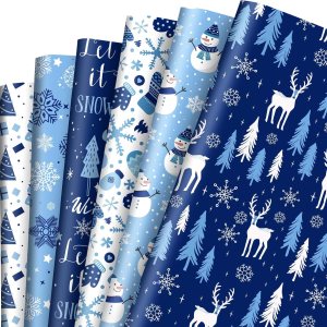 AnyDesign – 12 hojas de papel de regalo de Navidad, papel de regalo de invierno azul y blanco, copos de nieve a granel, papel de arte de árbol de AnyDesign – 12 hojas de papel de regalo de Navidad, papel de regalo de invierno azul y blanco, copos de nieve a granel, papel de arte de árbol de