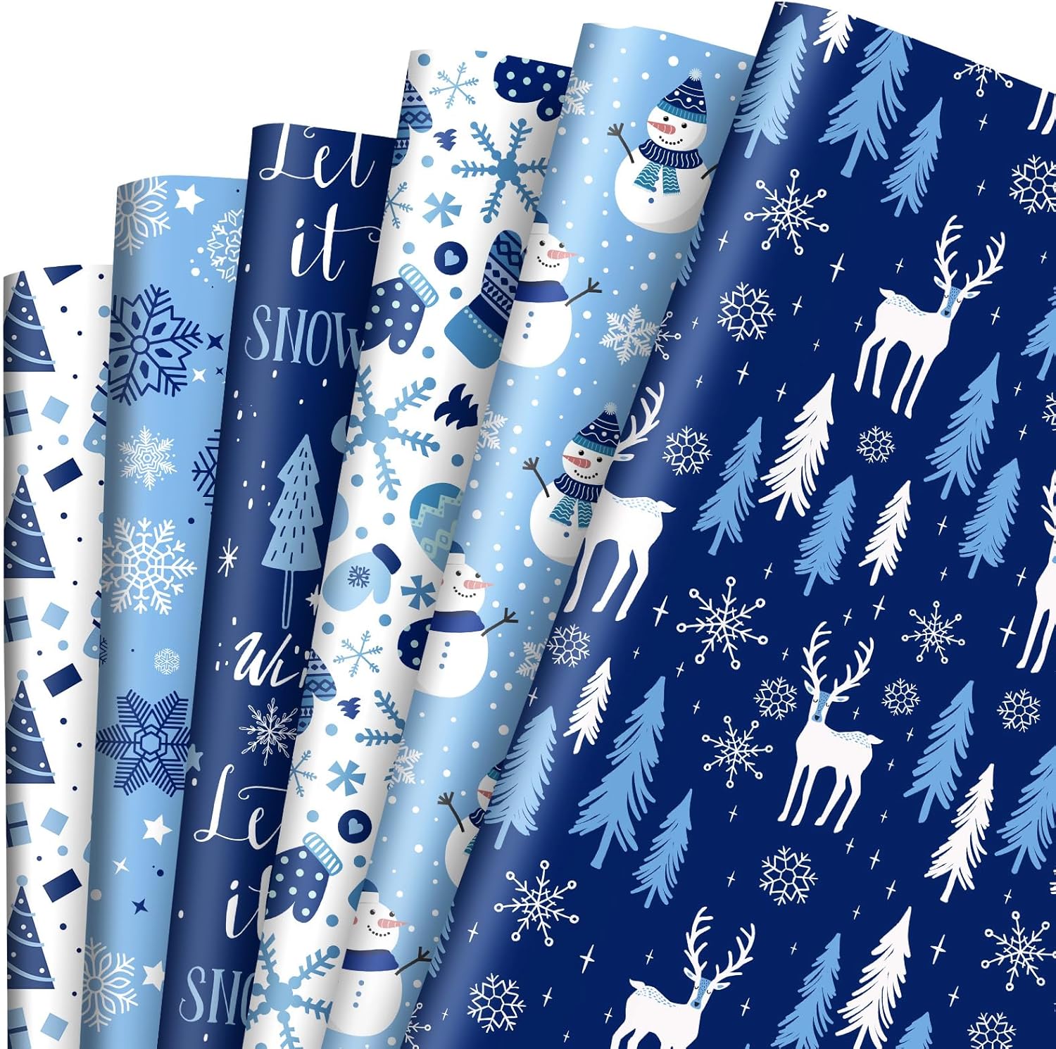 AnyDesign – 12 hojas de papel de regalo de Navidad, papel de regalo de invierno azul y blanco, copos de nieve a granel, papel de arte de árbol de