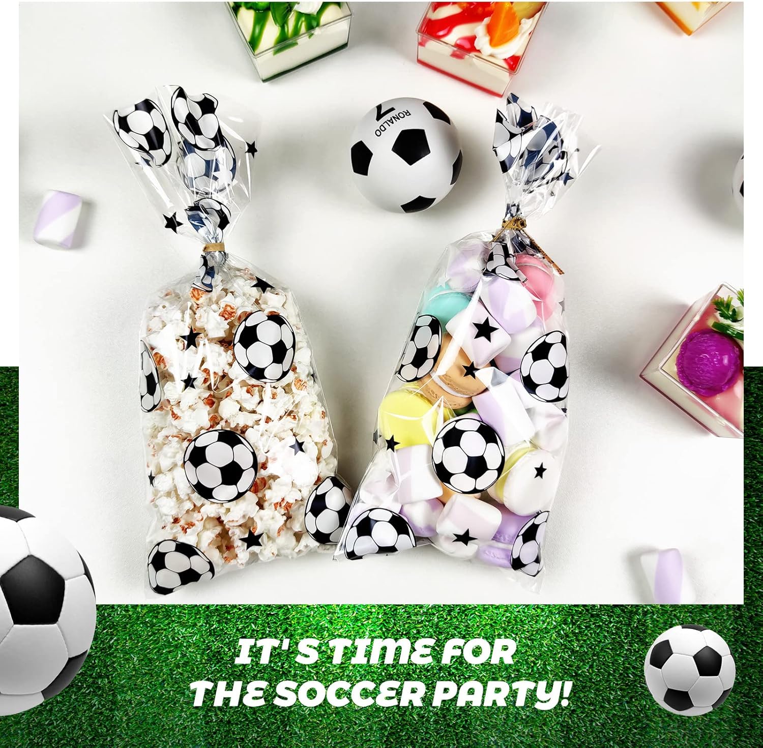 Paquete de 100 bolsas de regalo de celofán, bolsas de regalo transparentes de fútbol a granel con aperitivo de galletas de caramelo, suministros de