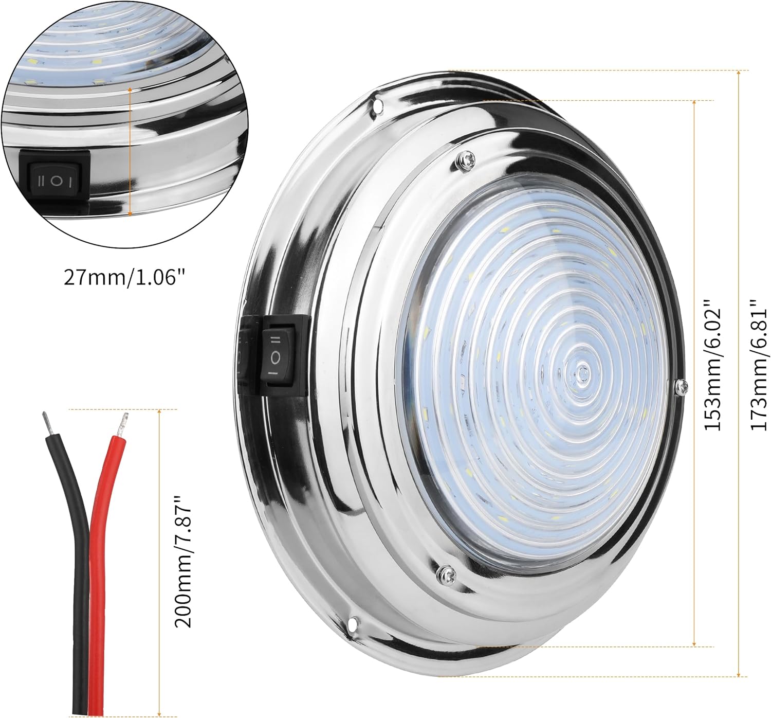 Luz de cúpula de barco marino de 12 V, luces LED para barco interior con interruptor de palanca, luz LED de cabina de barco con montaje en