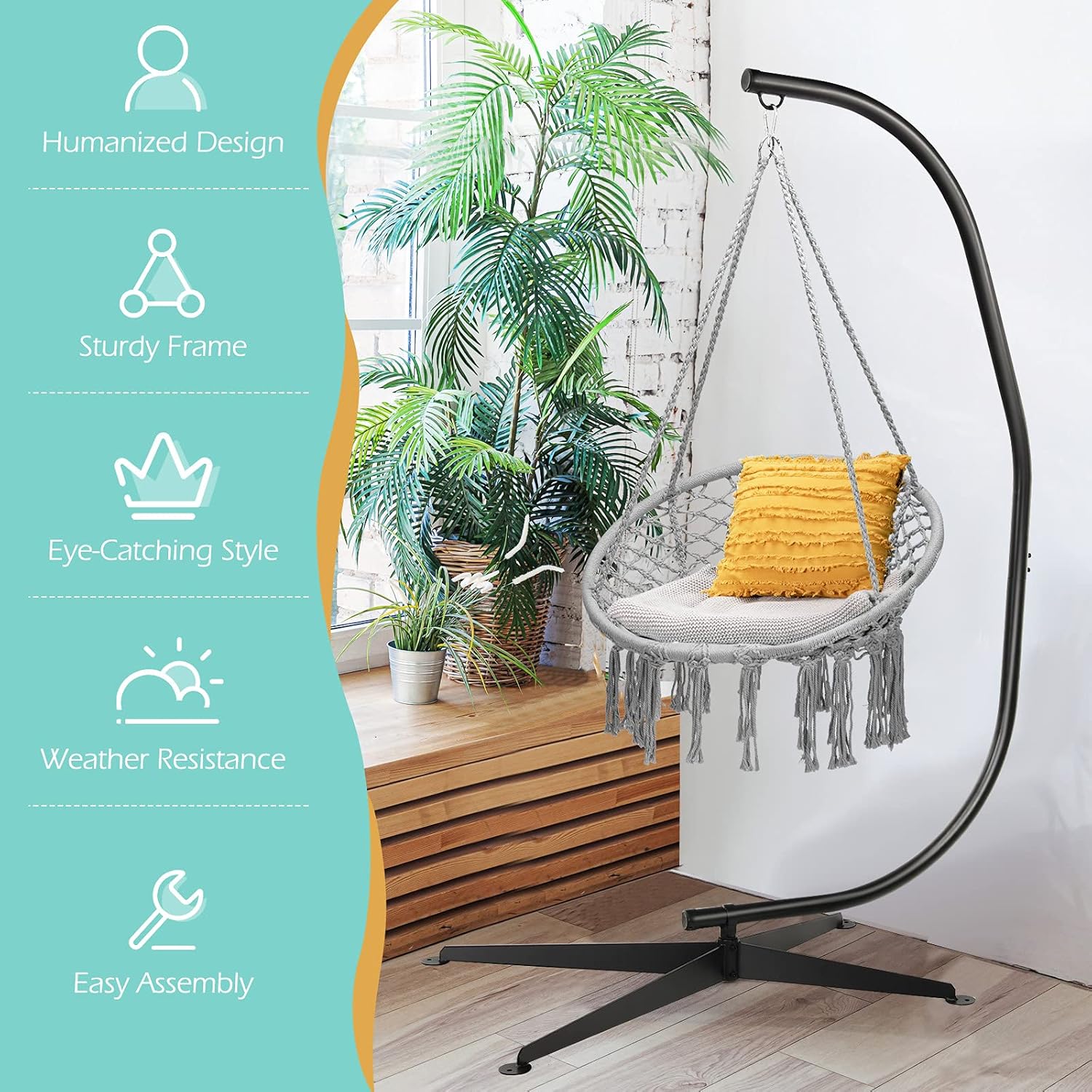Giantex Hamaca Swing Silla con soporte, cuerda de algodón tejida a mano con soporte de acero sólido resistente C, hamaca colgante al aire libre para