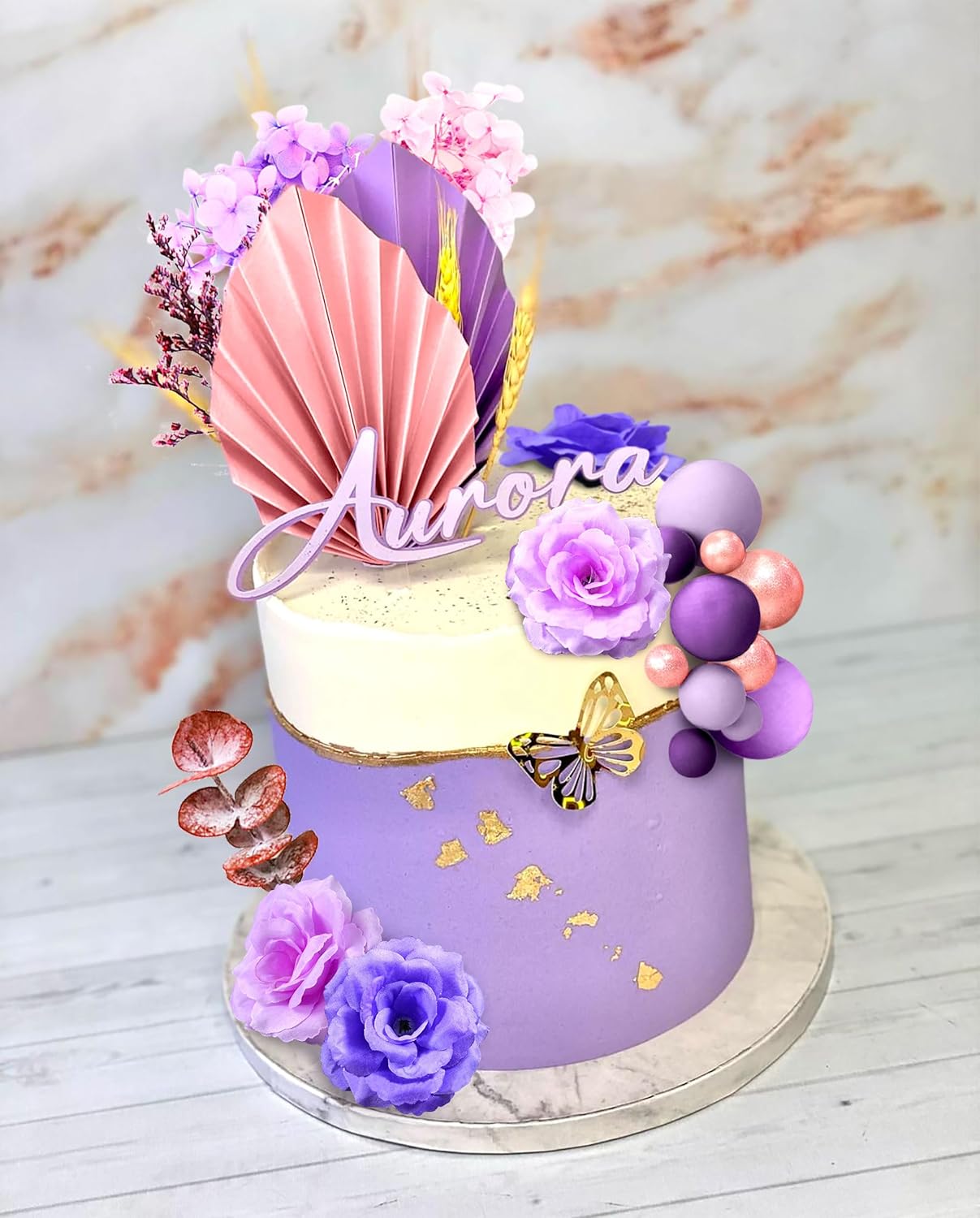 JeVenis 33 piezas de decoración de pasteles morados, decoración de pastel de rosas moradas, decoración de pasteles de hojas de palma, bolas,