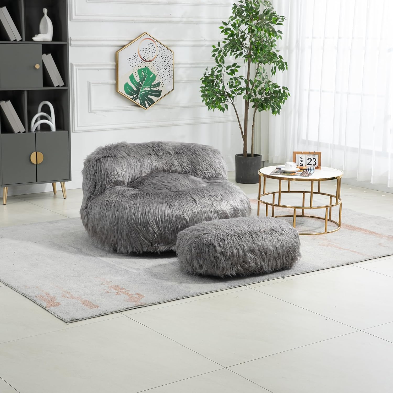 Yoglad Puf para adultos, sofá grande de felpa para juegos y sofá perezoso con otomana, relleno suave extra acogedor y tela peluda, muebles grandes y