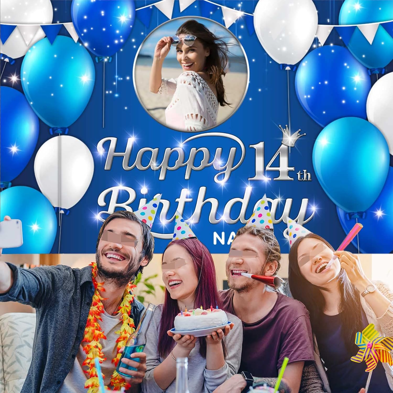 Cartel decorativo de feliz cumpleaños número 14, azul marino, personalizado con fotos y nombres