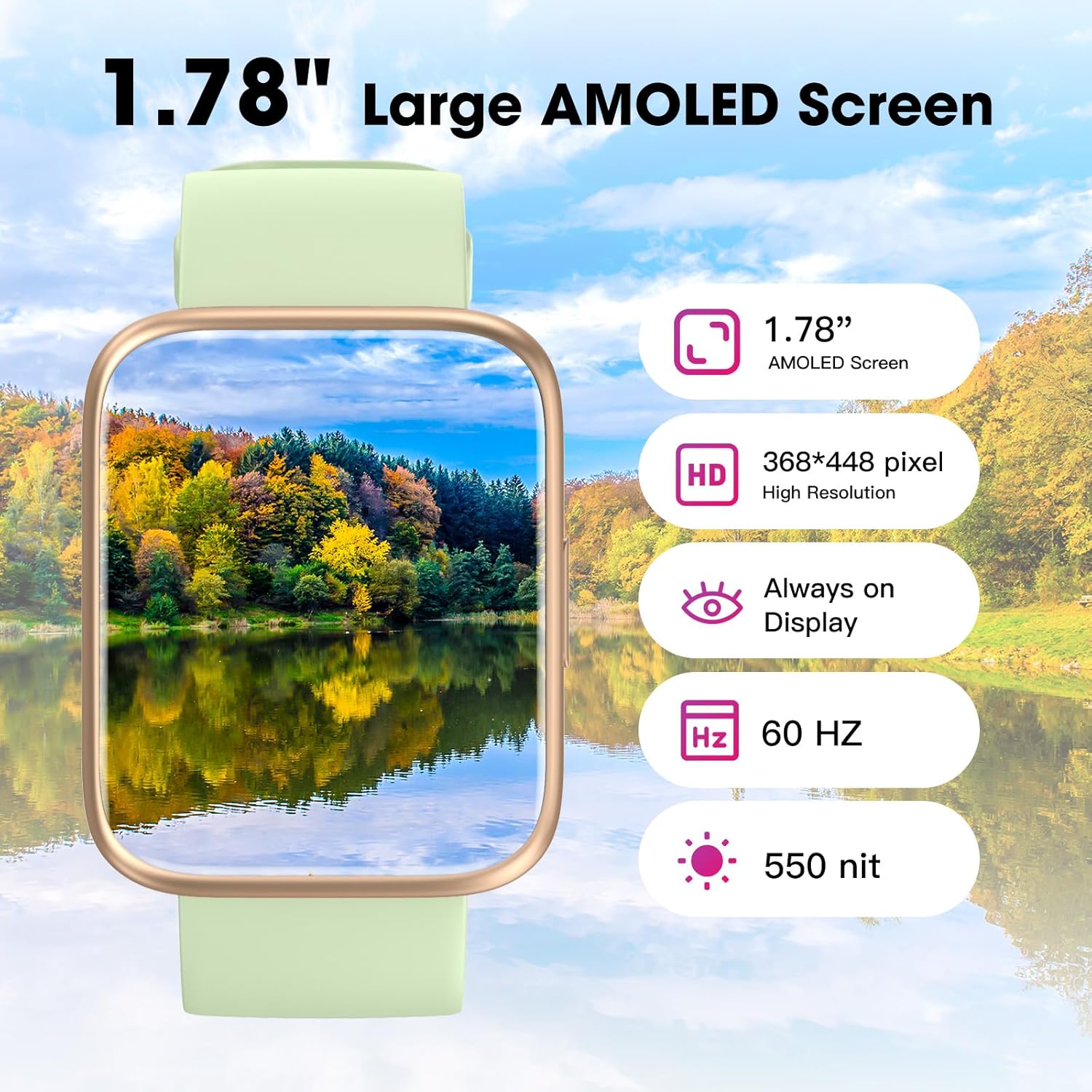 TYKOIT Reloj inteligente, rastreador de actividad física con pantalla táctil de 1.772 in, monitor de frecuencia cardíaca, oxígeno en sangre, reloj