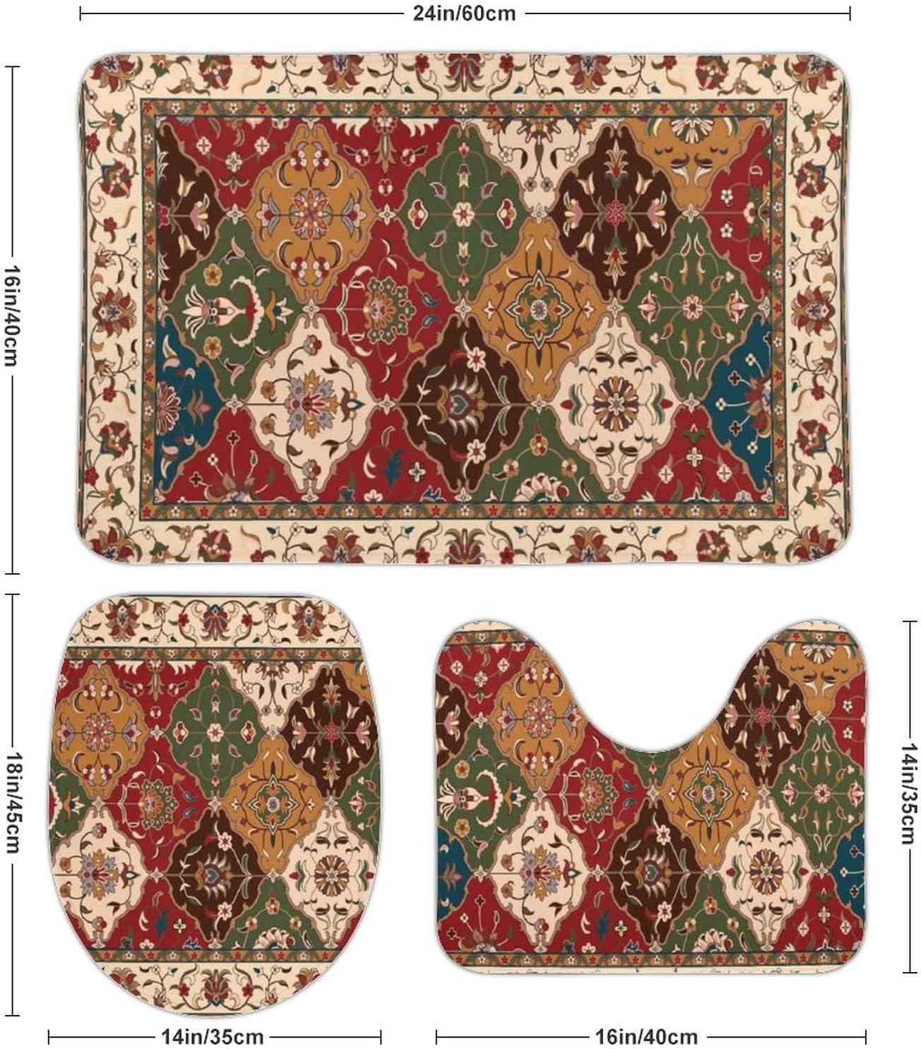 Juego de tapetes de baño de 3 piezas, diseño tribal persa, suave, cómodo, antideslizante, más fácil de secar para tapetes de piso de 15.7 x 23.6
