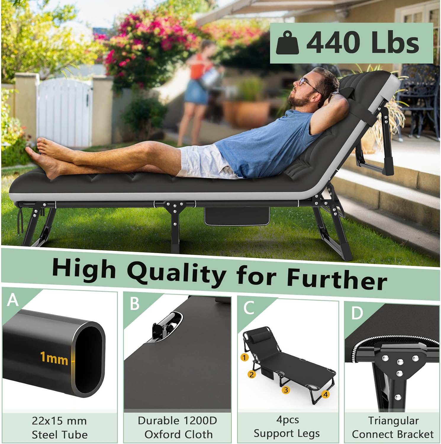 Slendor Cuna plegable 3 en 1 para acampar, tumbona ajustable en 5 posiciones, catres de dormir portátiles para adultos con bolsa de almacenamiento