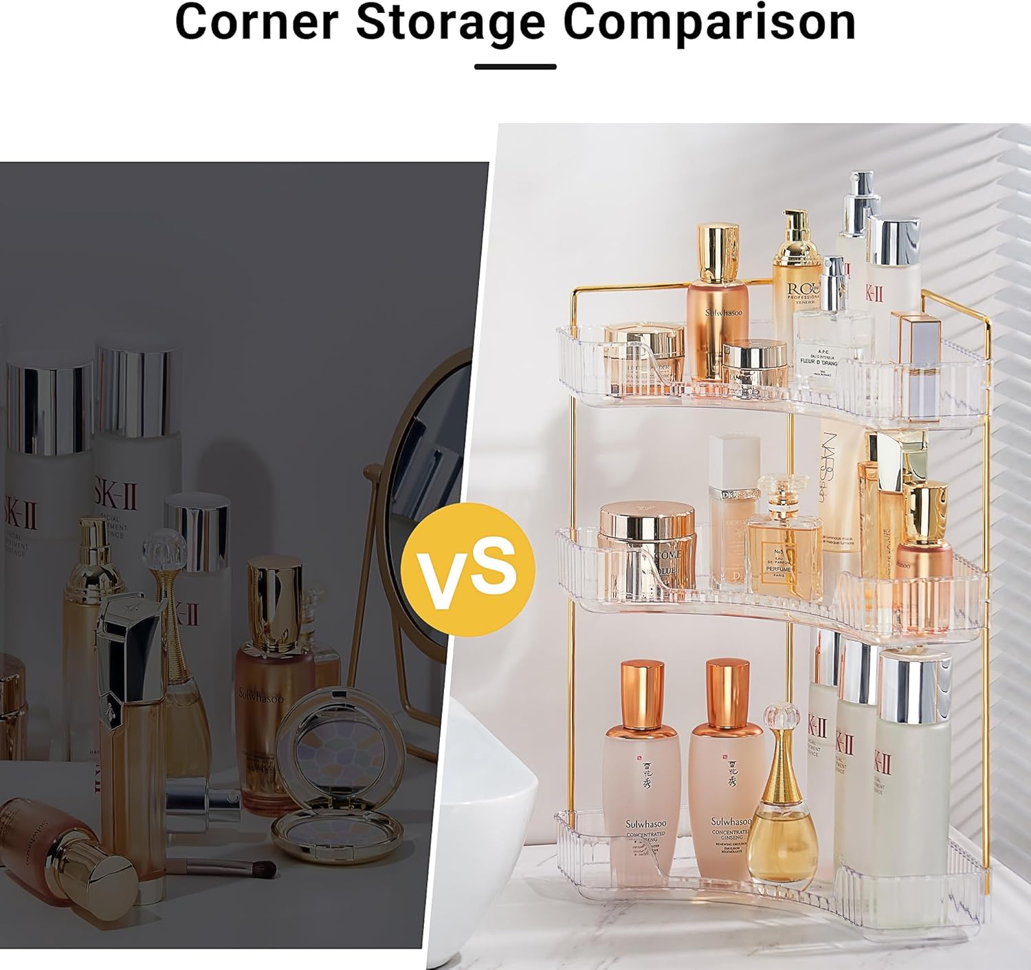 Organizador de maquillaje, organizador de esquina de 3 niveles, organizador de maquillaje acrílico de gran capacidad para tocador, cosméticos de