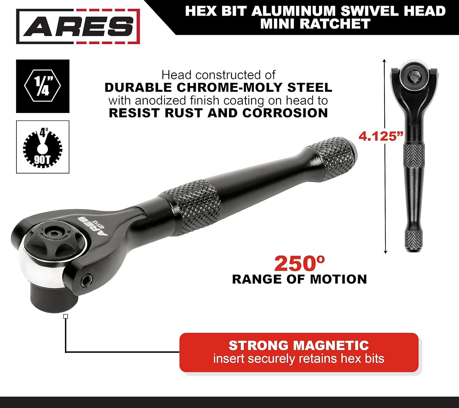 ARES 42112  Trinquete hexagonal de cabeza giratoria de 90 dientes negro de 14 pulgadas  Giratorio de 250 grados con inserto magnético para retención