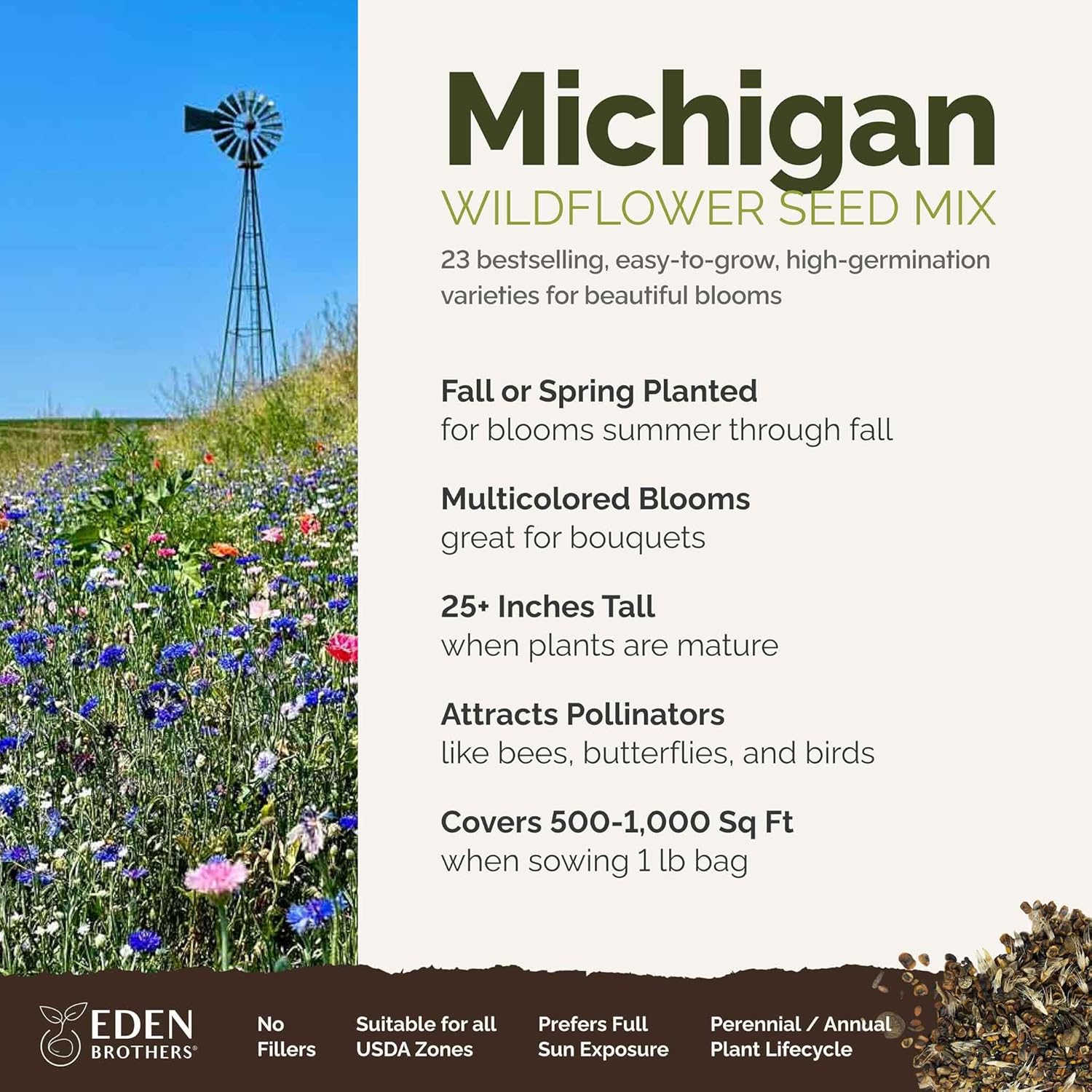 Eden Brothers Semillas mixtas de flores silvestres de Michigan para plantar, 1 libra, más de 480,000 semillas con aciano, Sweet William, Cosmos