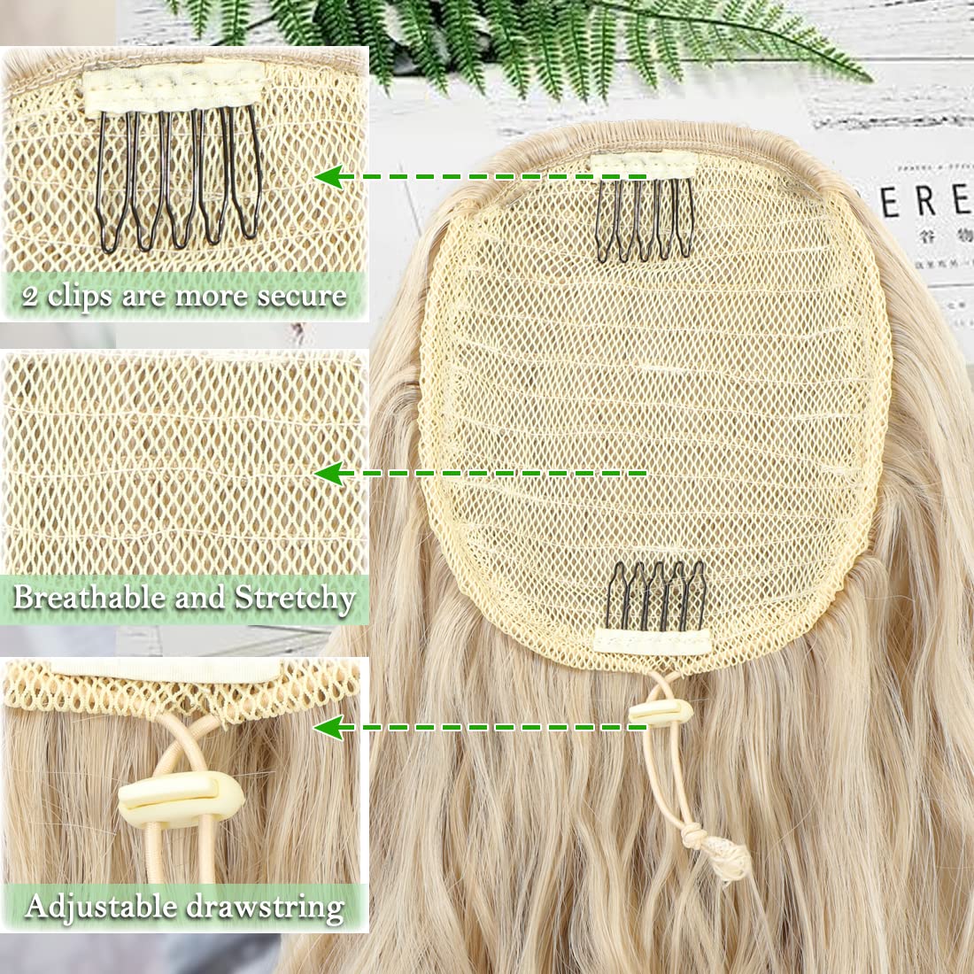 Miuric Extensión de cola de caballo de 24 pulgadas, rubio claro y rubio dorado, extensiones de cabello con cordón para mujer, cola de caballo larga,