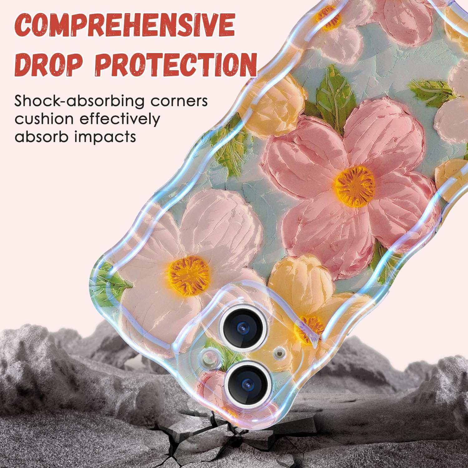 QLTYPRI Funda para iPhone 13, colorido láser retro pintura al óleo patrón de flores, lindo marco de onda rizada, exquisita funda para teléfono para