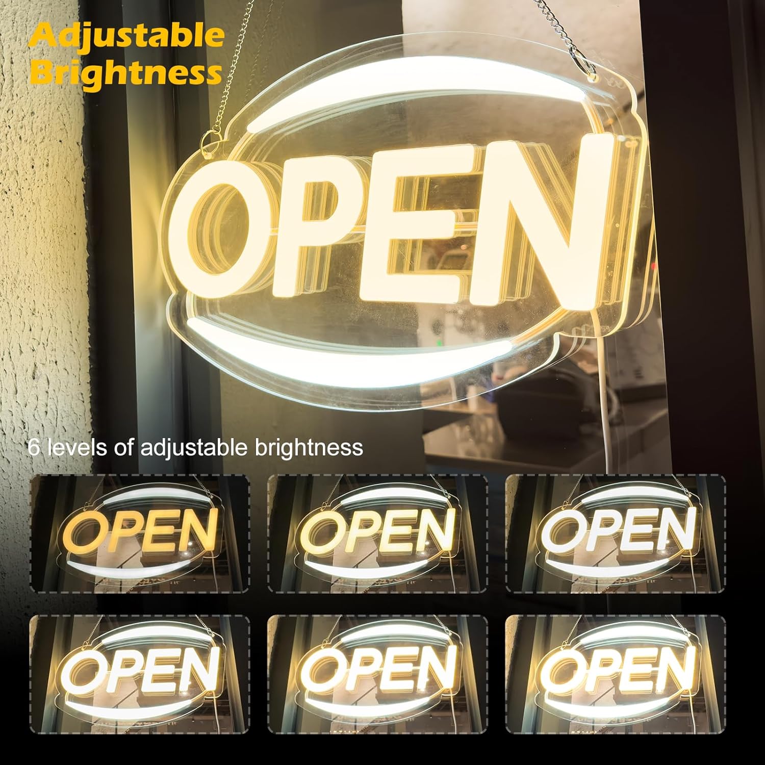Letreros LED de neón abiertos para negocios, alimentados por USB de 16 x 10 pulgadas con brillo ajustable, luz abierta brillante para exhibición de