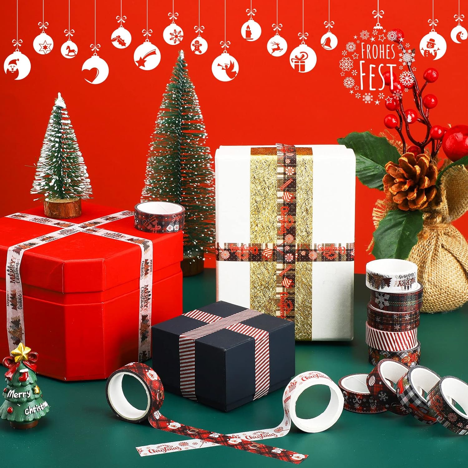 Juego de 12 rollos de cinta Washi a cuadros de Navidad, cinta decorativa de colores, cinta adhesiva de papel de Navidad, cinta adhesiva de papel de