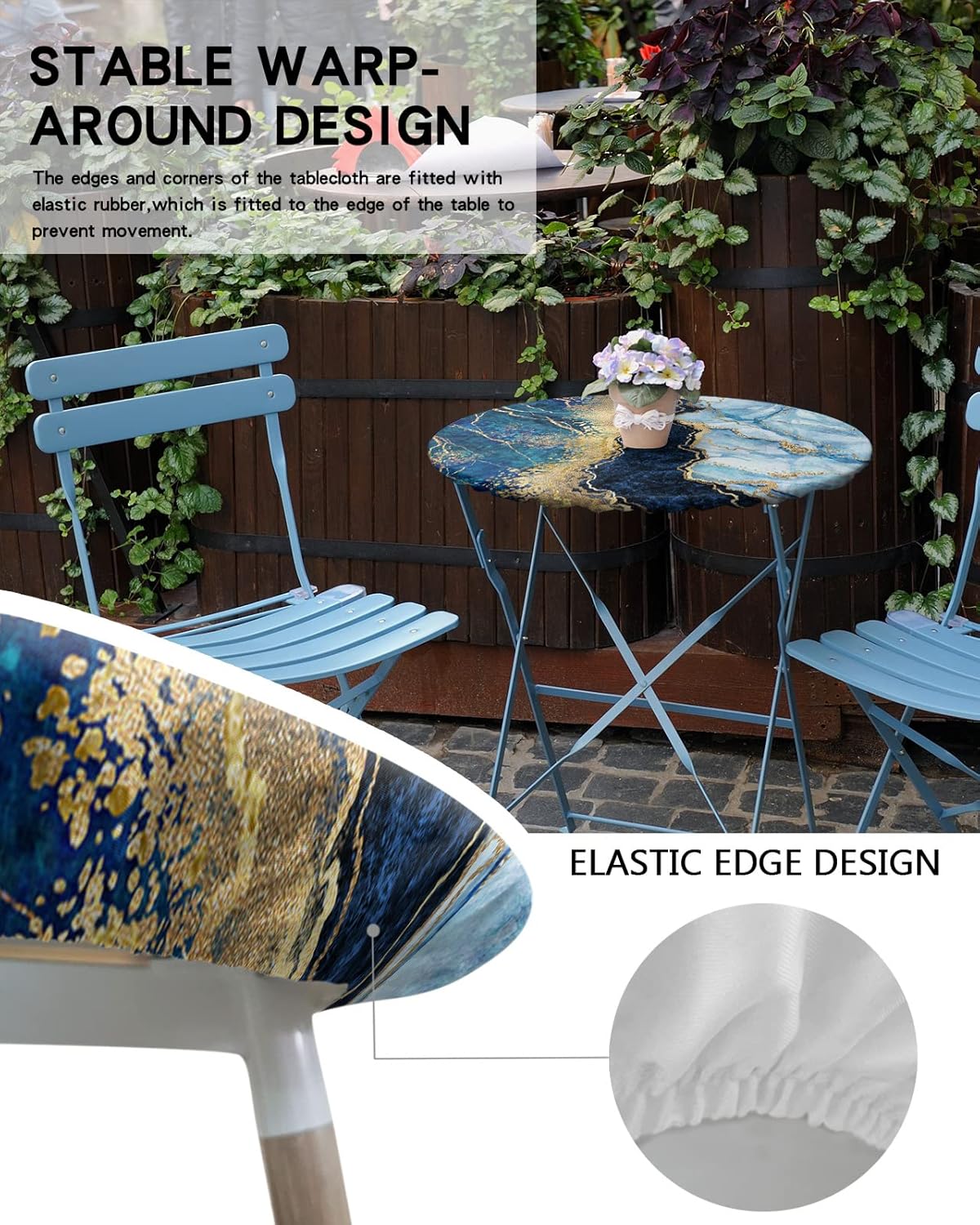 Mantel redondo de mármol para mesa de cocina con borde elástico, mantel ajustable azul dorado degradado para mesas redondas, mantel impermeable para