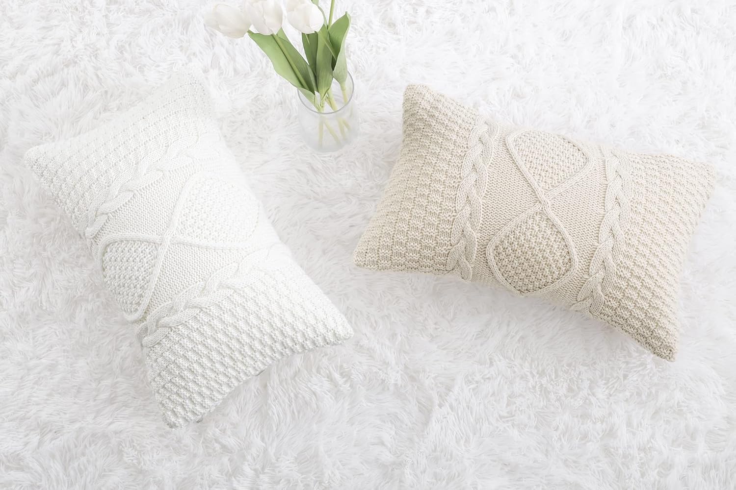 MANDIOO Fundas de almohada decorativas de algodón de punto blanco crema, fundas de cojín suaves y acogedoras para exteriores, fundas de almohada