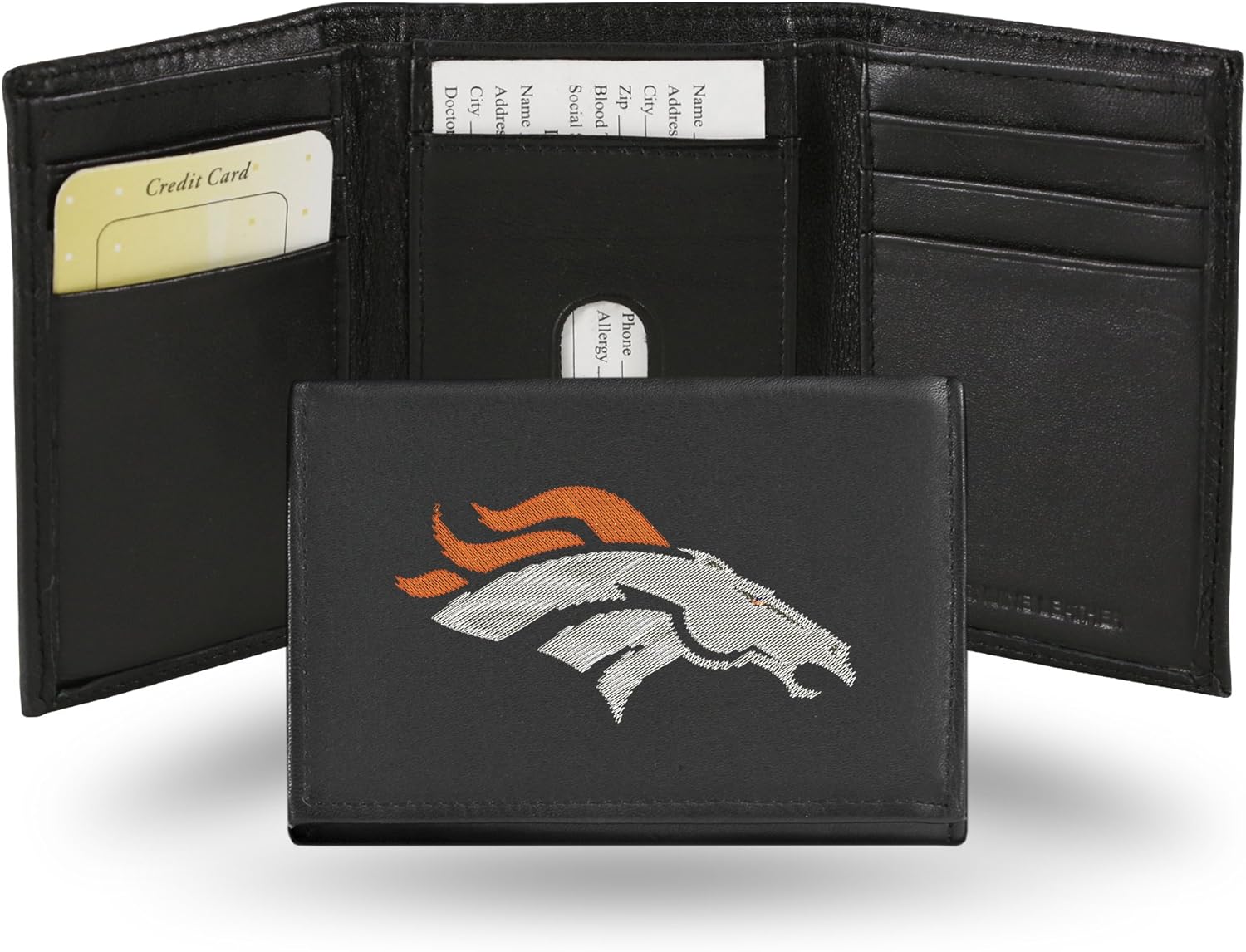 Rico Industries NFL – Cartera de piel auténtica bordada de tres pliegues de 3.25 x 4.25 pulgadas, delgada