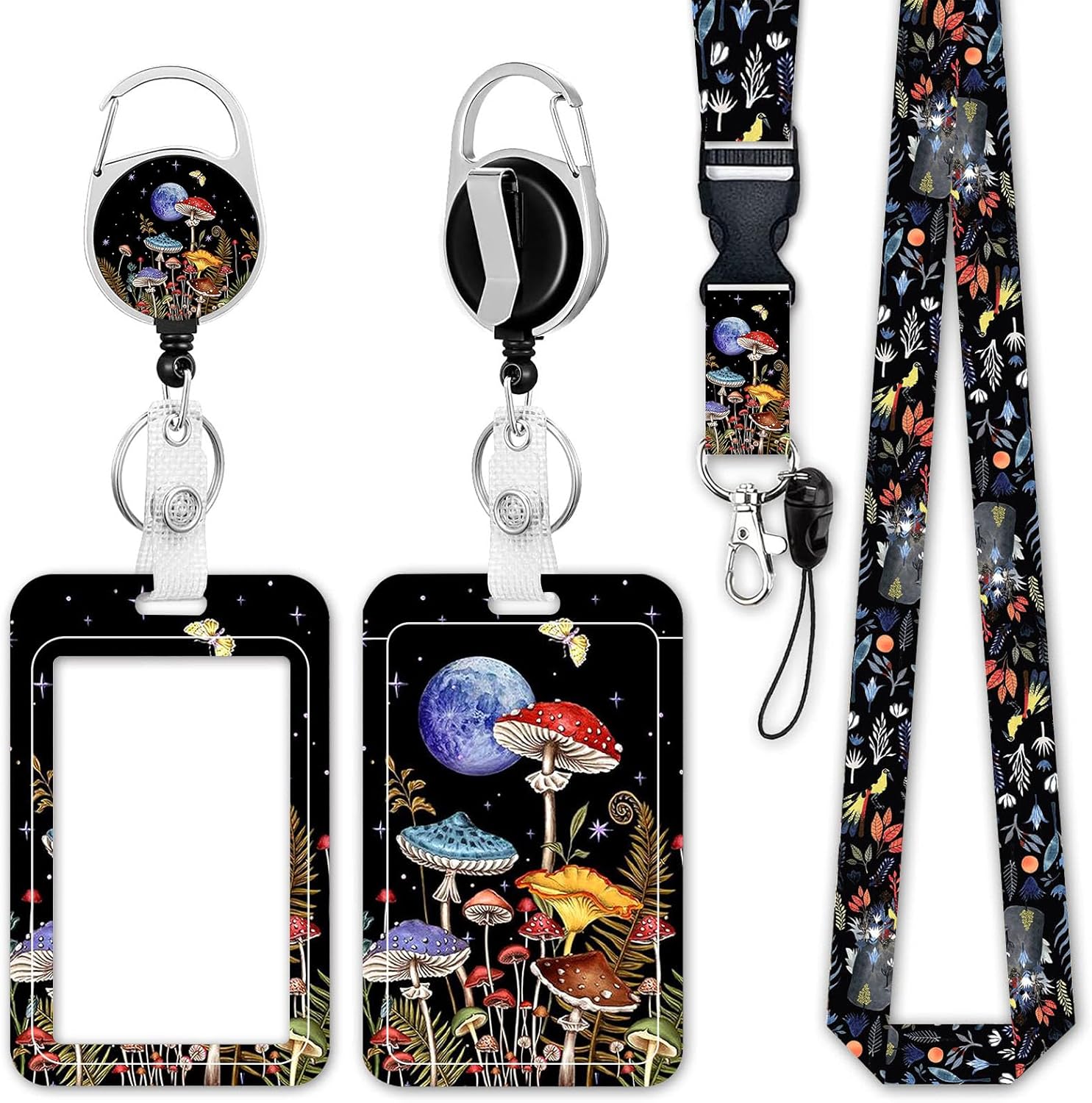 Soporte para tarjetas de identificación con cordón, soporte para tarjetas de identificación con tema de hongos y luna con cordón, soporte para