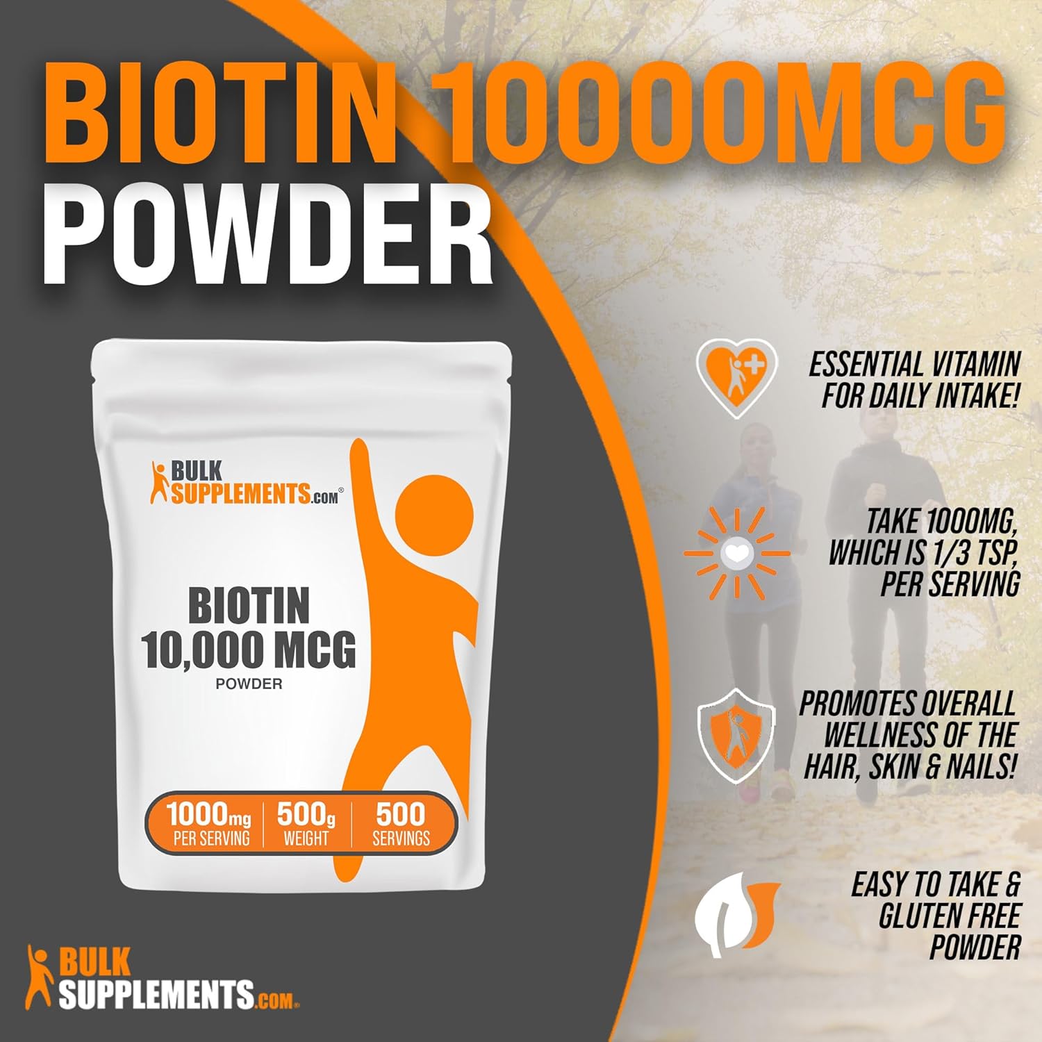 BulkSupplements.com Biotin 10000mcg Polvo – Polvo de biotina, suplemento de biotina, vitaminas de biotina para el cabello, la piel y las uñas, sin
