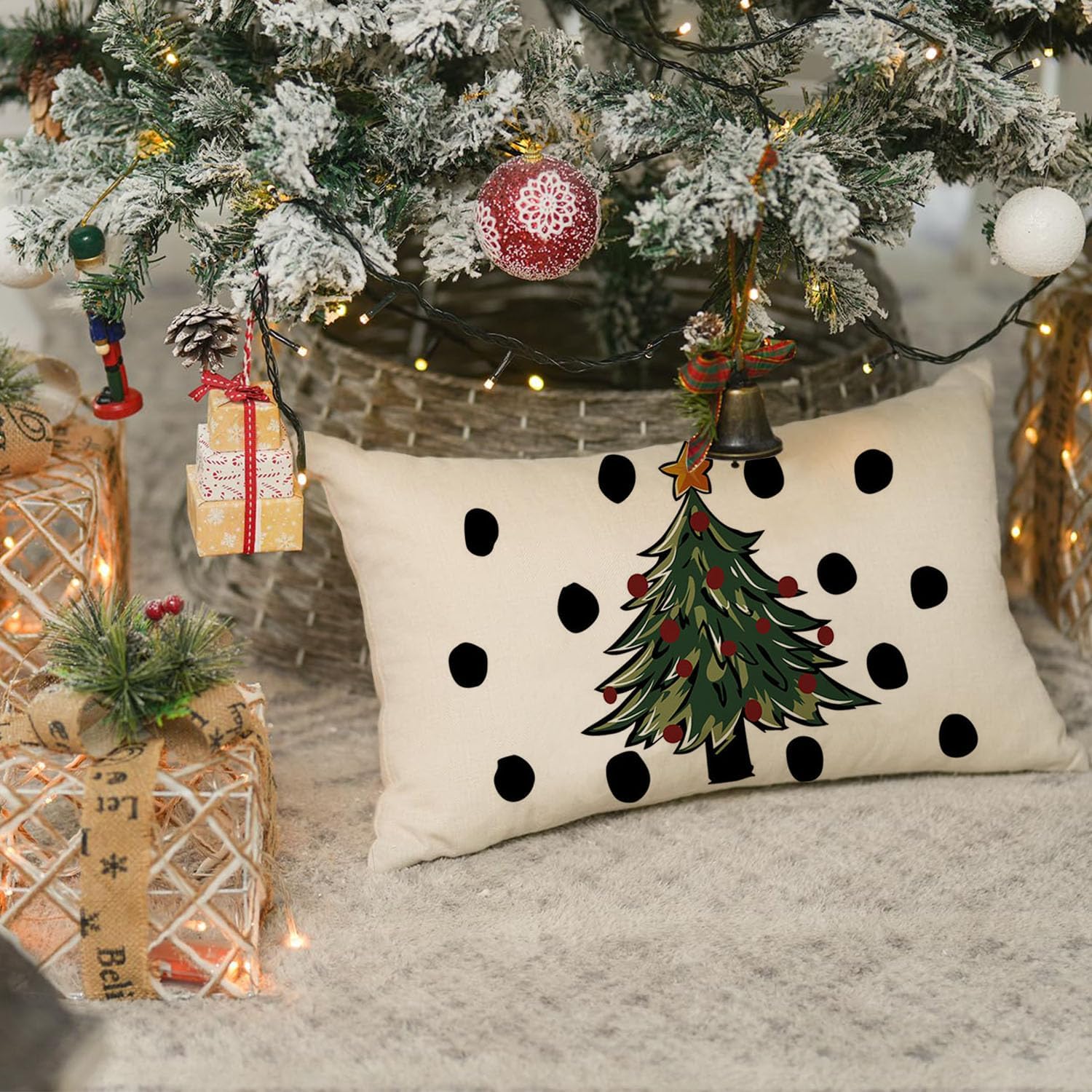 RABUSOFA Fundas de almohada de Navidad de invierno de 12 x 20 pulgadas, decoración de árbol de Navidad de lunares, almohadas lumbares de acuarela,