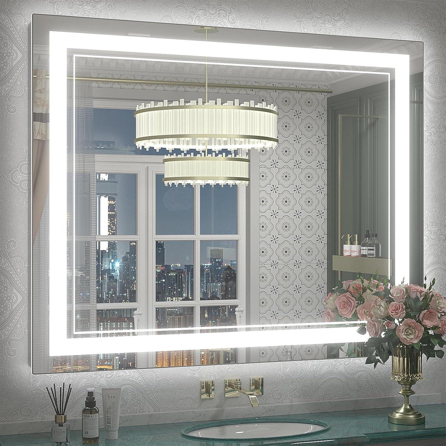 OKPAL Espejo de baño LED de 40 x 36 pulgadas para pared, espejo de baño iluminado con luz frontal regulable, antivaho, a prueba de roturas,