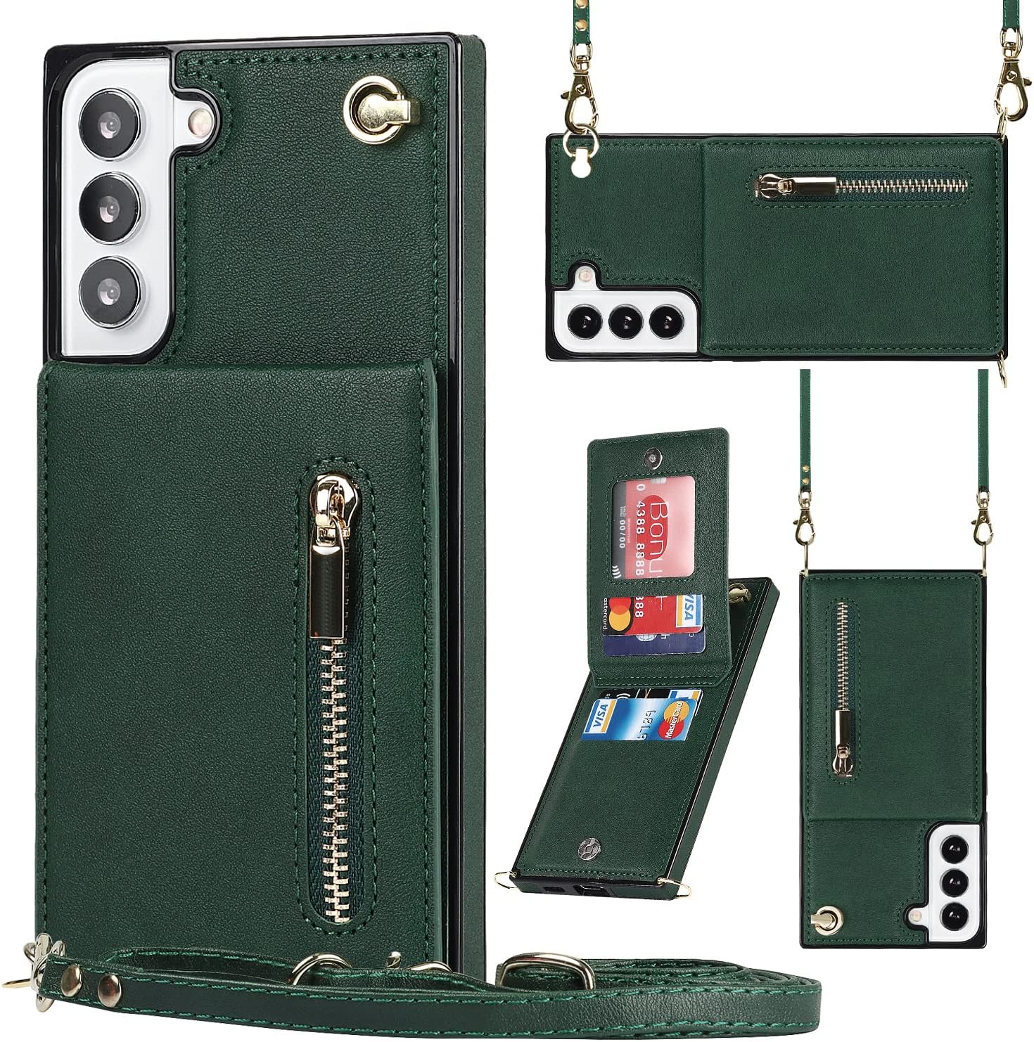Funda compatible con Samsung Galaxy S22 de 6.1 pulgadas, bolso de bolsillo, correa de hombro, elegante funda protectora para Galaxy S22 (verde
