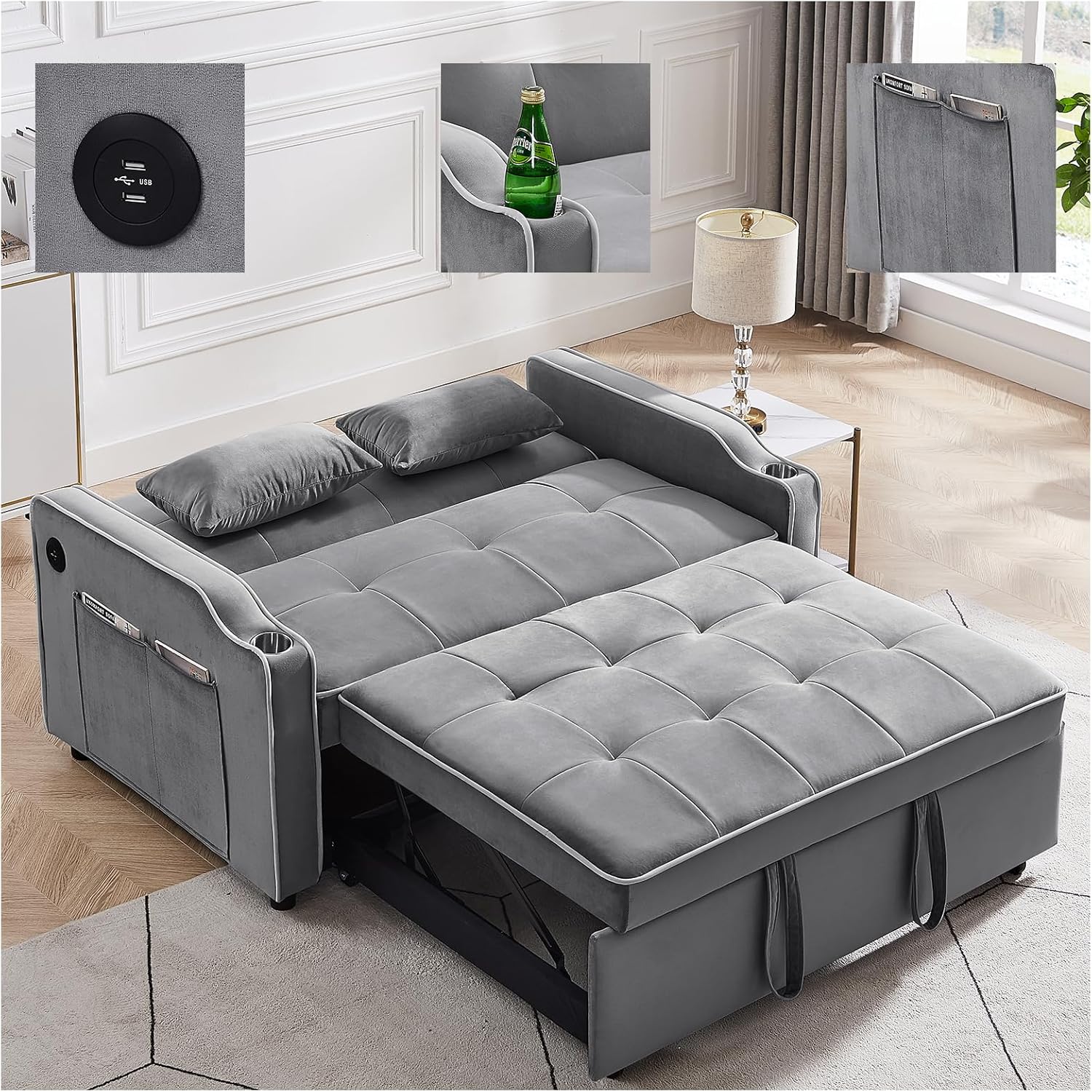 Sofá cama convertible 3 en 1 con puertos USB, cómodo sofá biplaza de terciopelo de 55 pulgadas con portavasos, sofá cama extraíble con