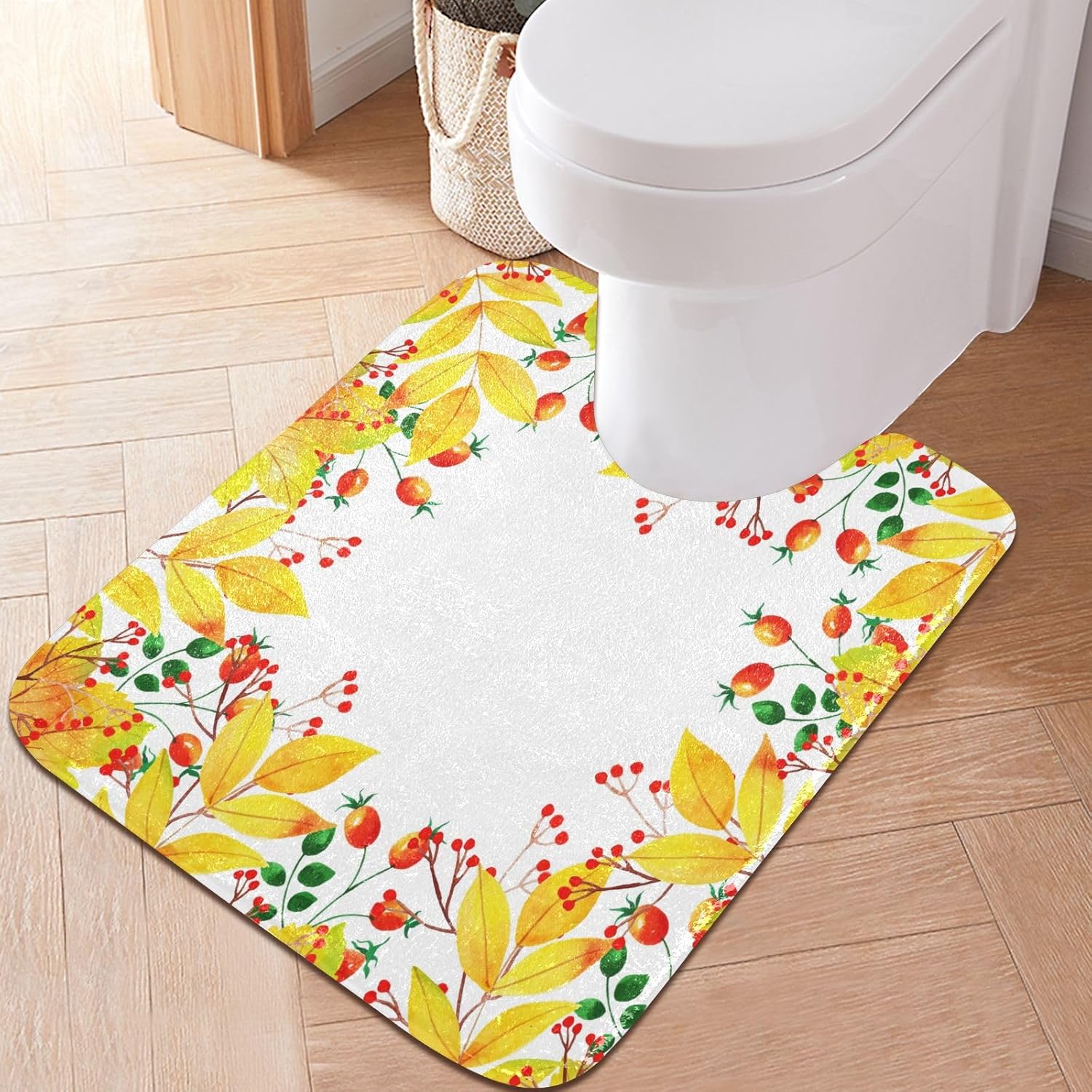 Bathroom Rugs Sets 2 Piece 24×16+24×20 Inch,Soft U-Shaped Contour Toilet Rug Autumn Leaves Berry Non-Slip Absorbent Bath Floor Mat Carpet Set Water