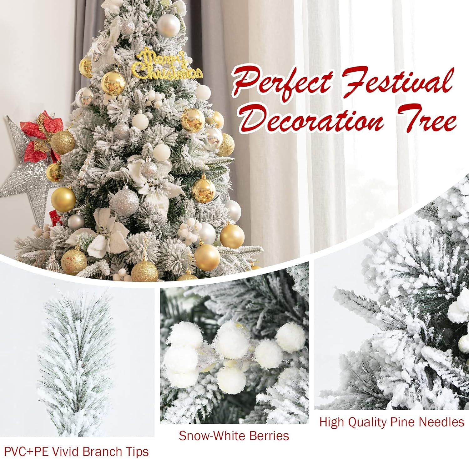 Happygrill Árbol de Navidad artificial de 5 pies con 405 puntas de rama, árbol de Navidad con soporte de metal y bayas blancas y flores