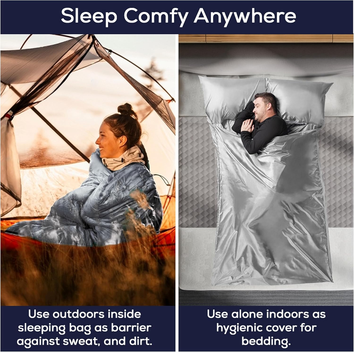 CAMPCONE Forro de saco de dormir sedoso para clima fríocálido, sábanas de viaje XL para hotel de 85 x 52 pulgadas, saco de dormir ligero con