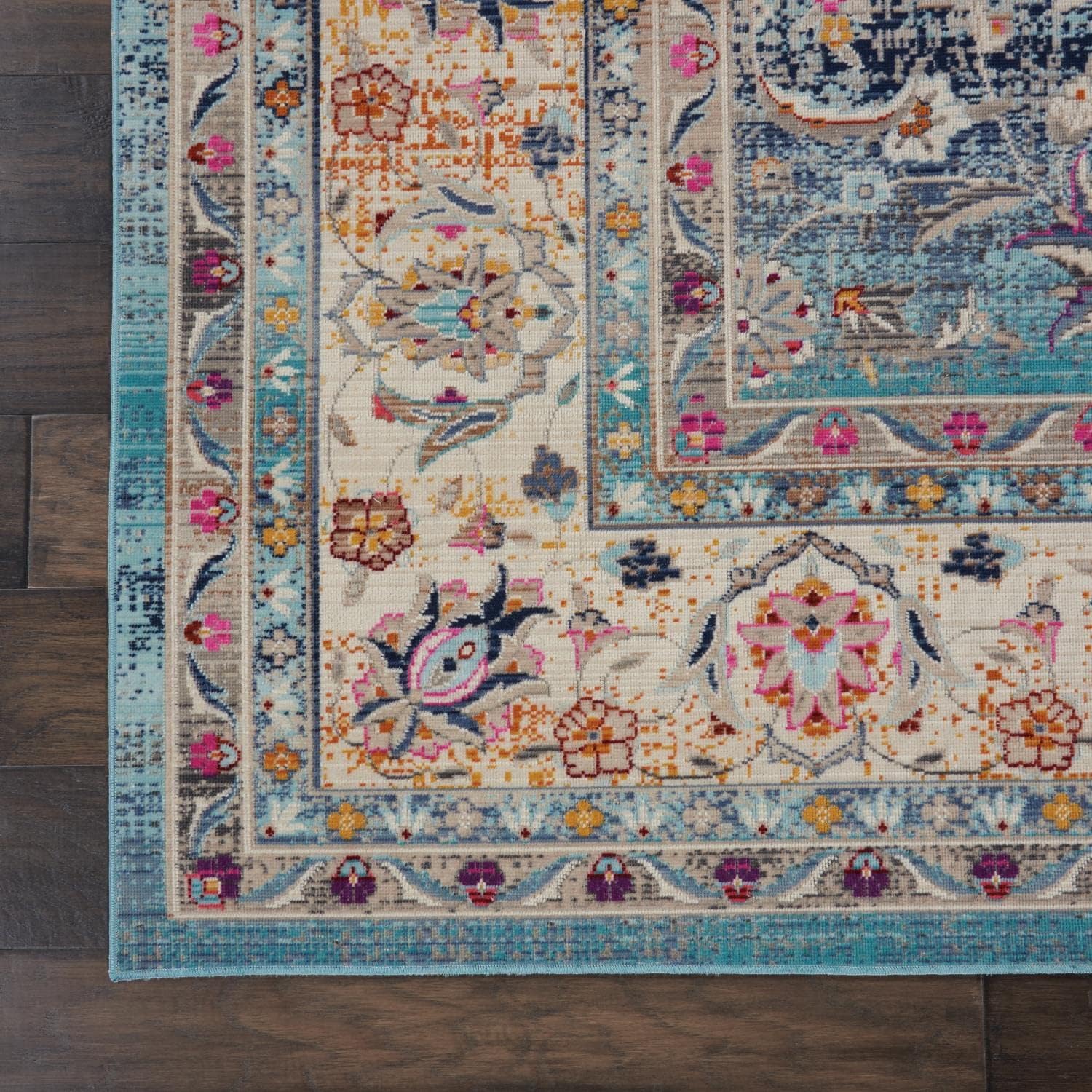 Nourison Vintage Kashan – Alfombra tradicional azul de 7 pies 10 pulgadas x 9 pies 10 pulgadas, fácil de limpiar, no se desprende, para dormitorio,