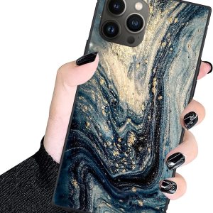 ZHUXUXITT Funda cuadrada de lujo para iPhone 15 Pro Max, diseño de mármol azul y dorado, funda cuadrada para mujeres y hombres, suave TPU protección ZHUXUXITT Funda cuadrada de lujo para iPhone 15 Pro Max, diseño de mármol azul y dorado, funda cuadrada para mujeres y hombres, suave TPU protección