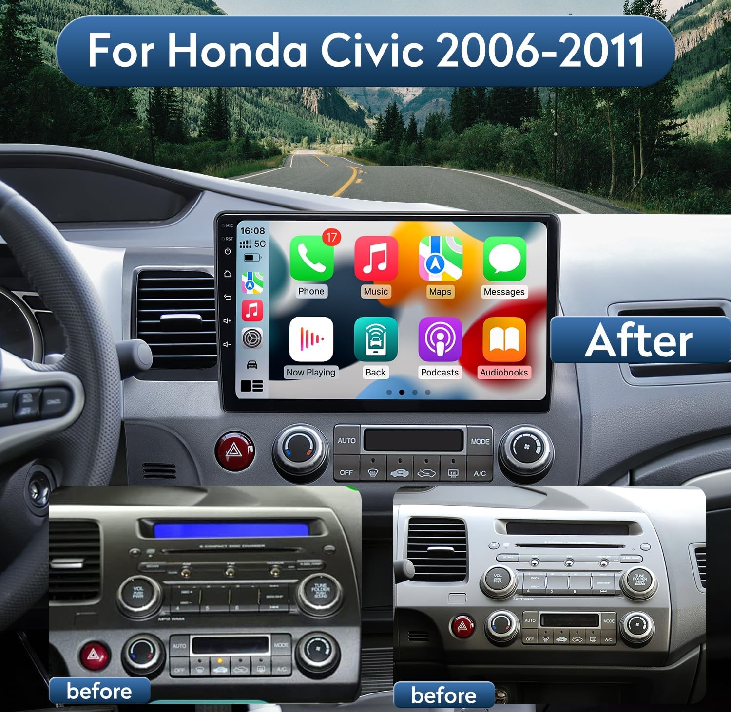 Radio de coche 4G+64G de 10.1 pulgadas para Honda Civic 2006 2007 2008 2009 2010 2011, Carplay Android Auto estéreo de coche con cámara de respaldo,