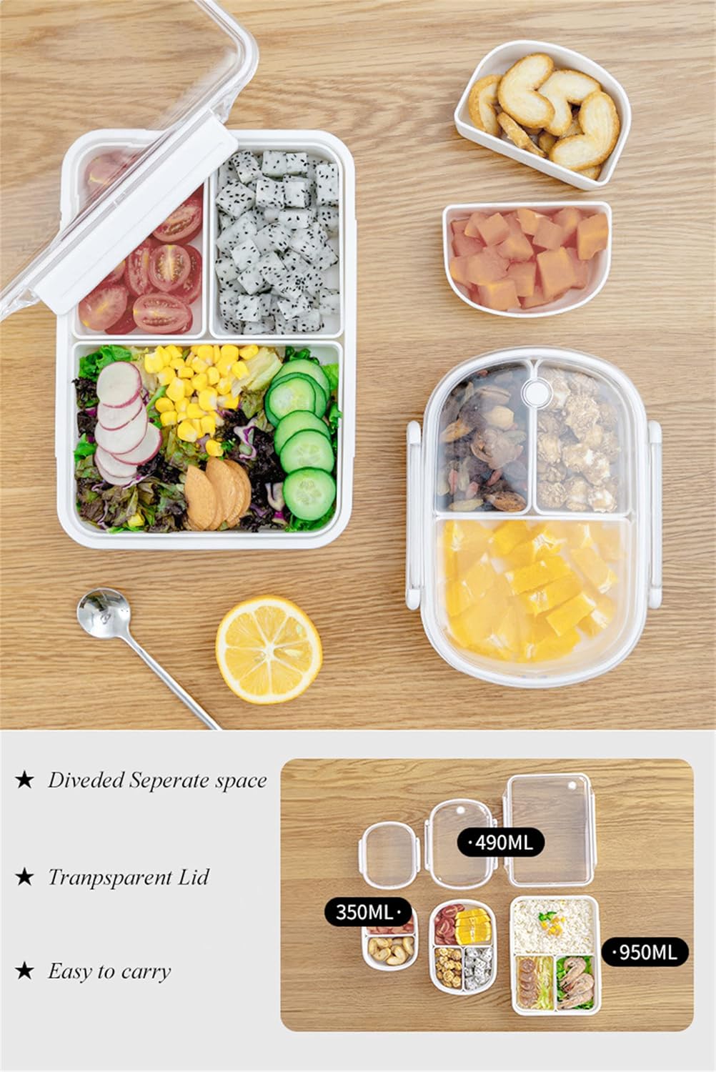 Lonchera dividida, 3 compartimentos para preparar comidas para niños y adultos, contenedores de almacenamiento de alimentos para la escuela,