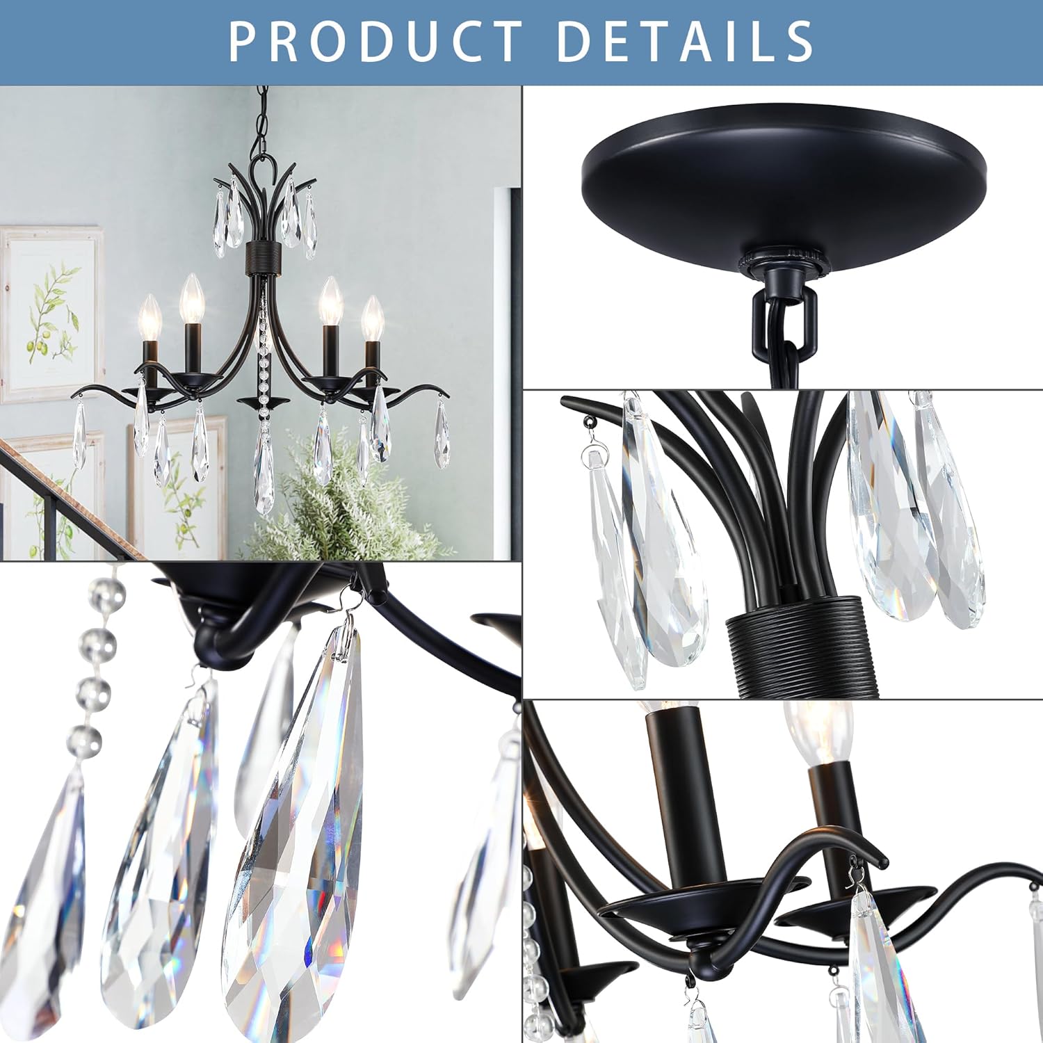 Candelabros de cristal de color negro, lámpara de cristal moderna de 5 luces para sala de estar, accesorio de iluminación colgante de techo para