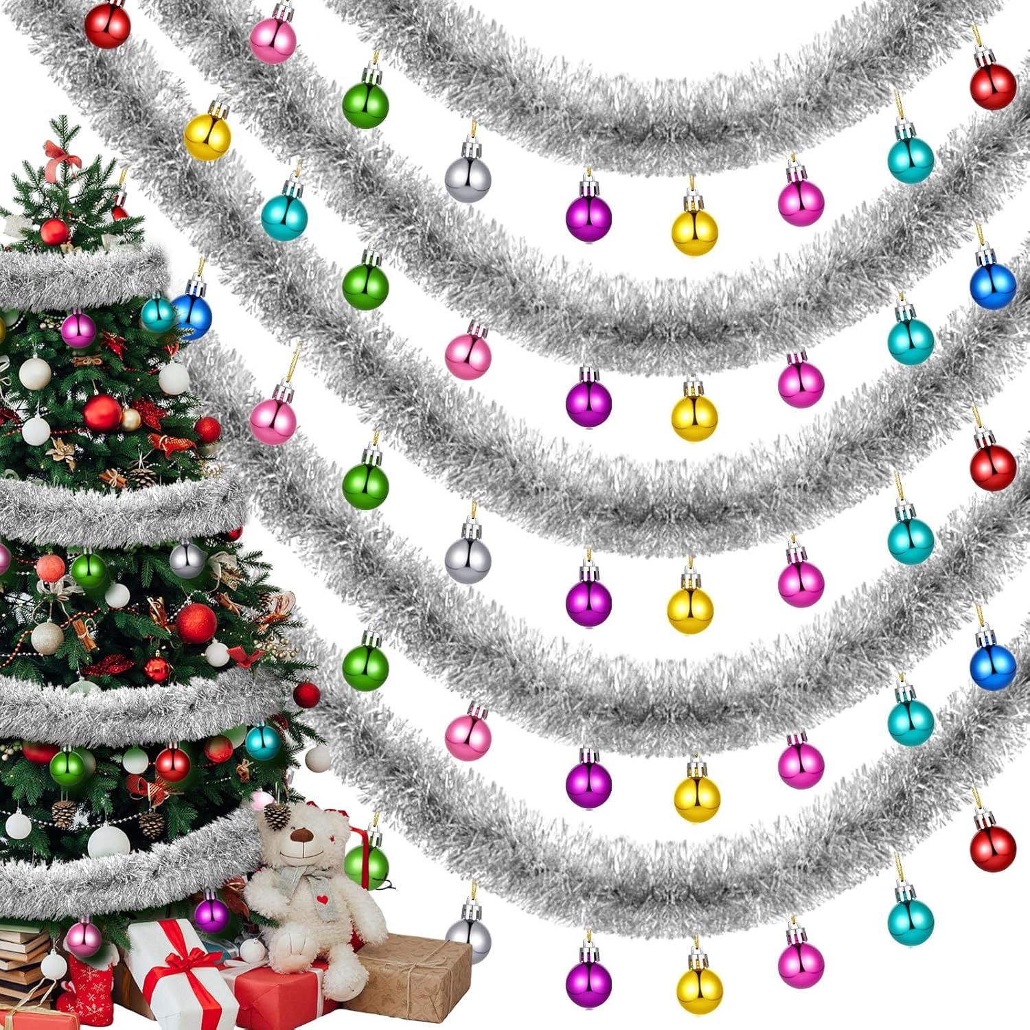 5 guirnaldas de oropel de Navidad de 33 pies, guirnalda metálica con espiral de árbol de bolas, serpentinas metálicas, bolas de Navidad, decoración