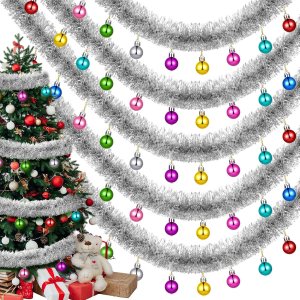 5 guirnaldas de oropel de Navidad de 33 pies, guirnalda metálica con espiral de árbol de bolas, serpentinas metálicas, bolas de Navidad, decoración 5 guirnaldas de oropel de Navidad de 33 pies, guirnalda metálica con espiral de árbol de bolas, serpentinas metálicas, bolas de Navidad, decoración