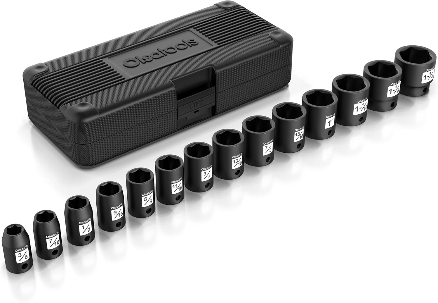 Olsa Tools Juego de dados de impacto poco profundo Cr-Mo de 12 pulgada  CrMo de grado profesional  SAE de 6 puntos  14 piezas de 38 pulgadas a 1-14