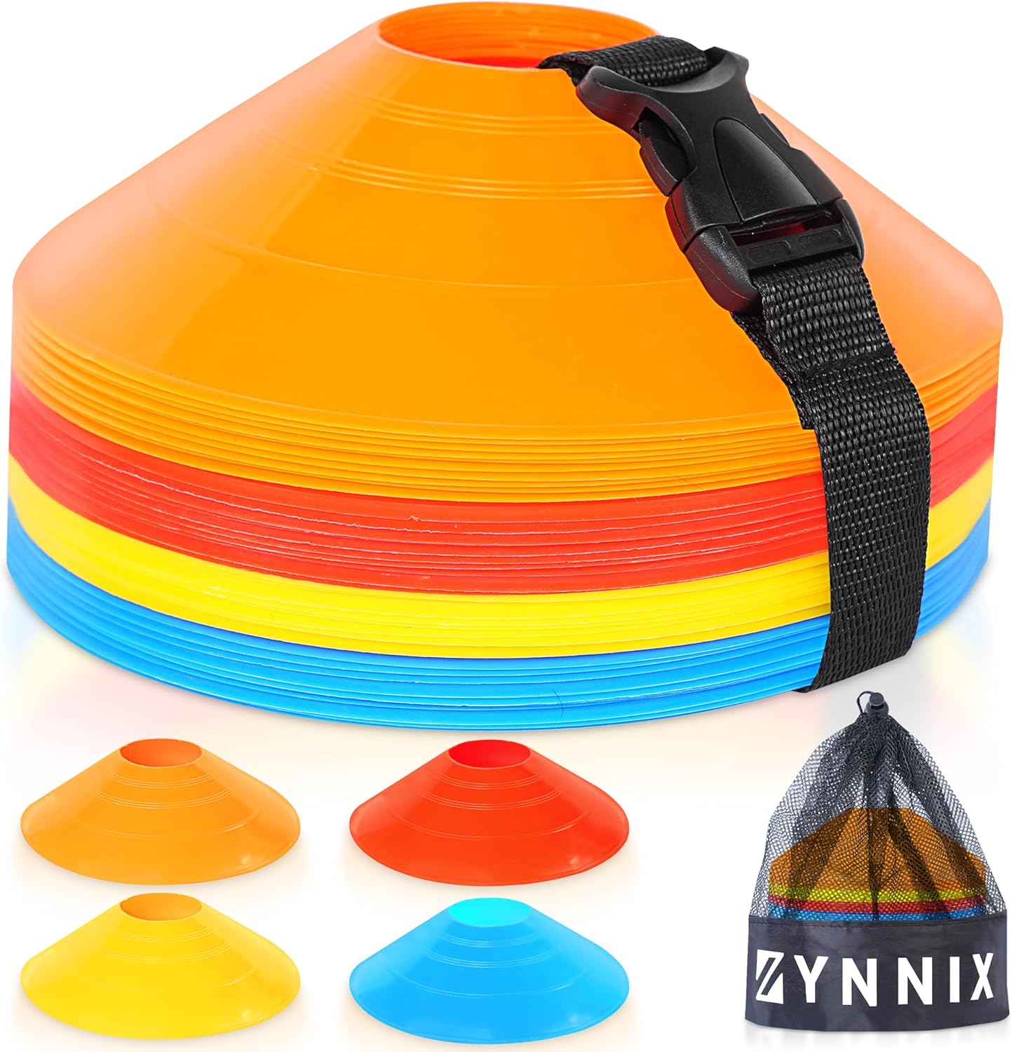 ZYNNIX Conos de fútbol (juego 40, 50) con bolsa de malla y correa, conos deportivos flexibles para fútbol, baloncesto, equipo de entrenamiento de
