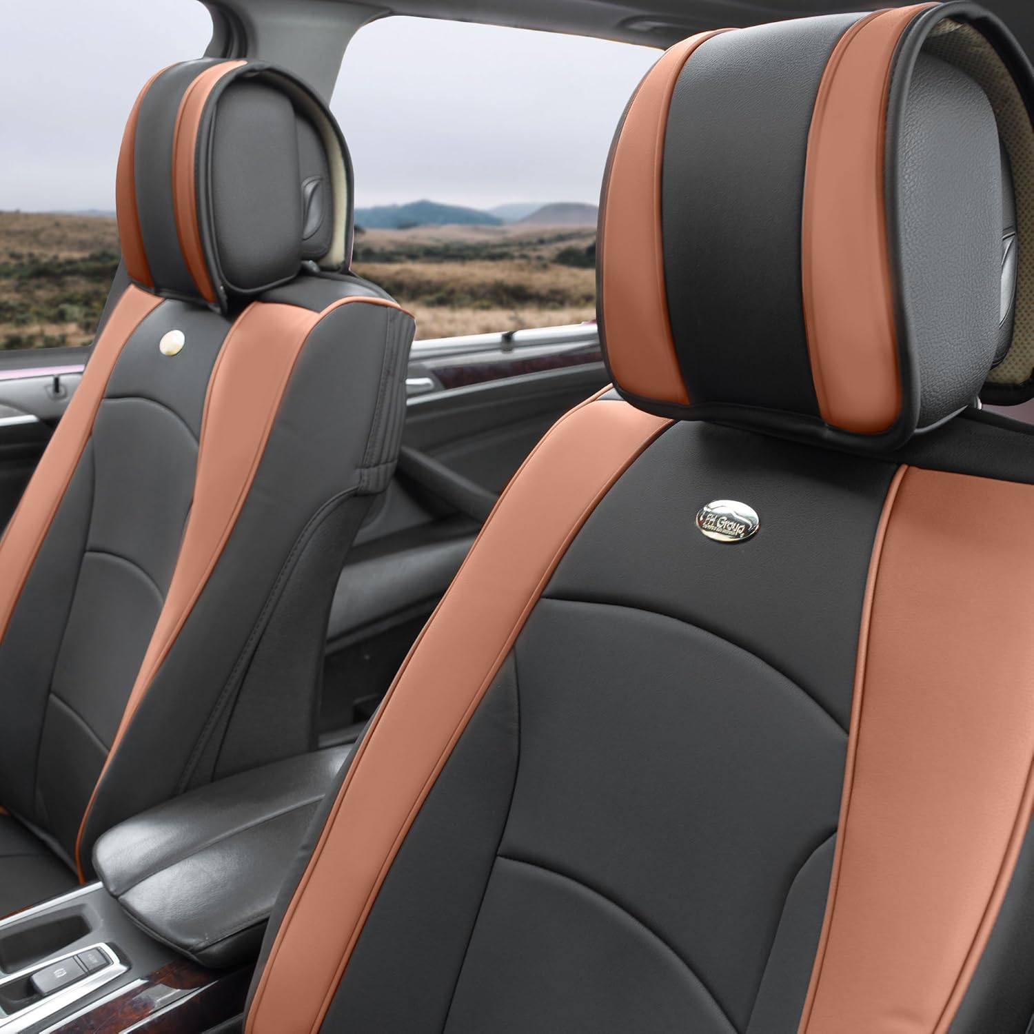 FH Group Juego completo de fundas de asiento para automóvil, camiones, SUV, (marrón) de cuero sintético de lujo, cojín impermeable para asiento de