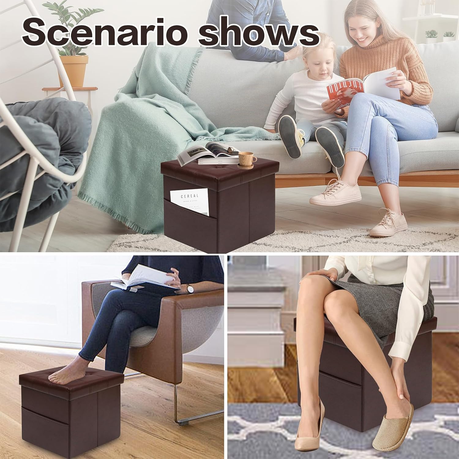 xuperbonus Otomana cuadrada de almacenamiento plegable de 15 pulgadas con bolsillo lateral, cubo de cuero marrón, reposapiés, asiento para