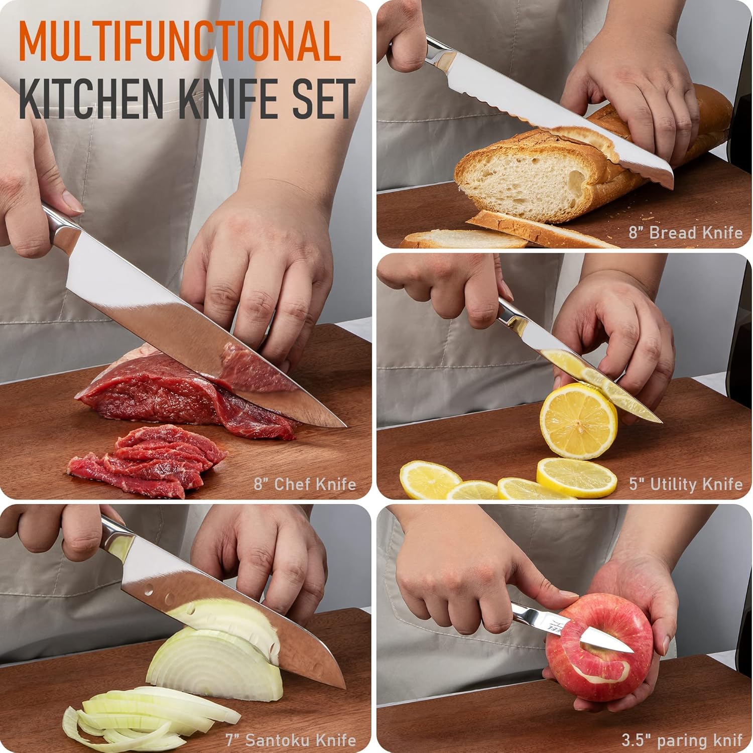 Topfeel Juego de cuchillos para cocina con bloque, juego de cuchillos afilados de 6 piezas, acero inoxidable pulido espejo de alto carbono, juego de